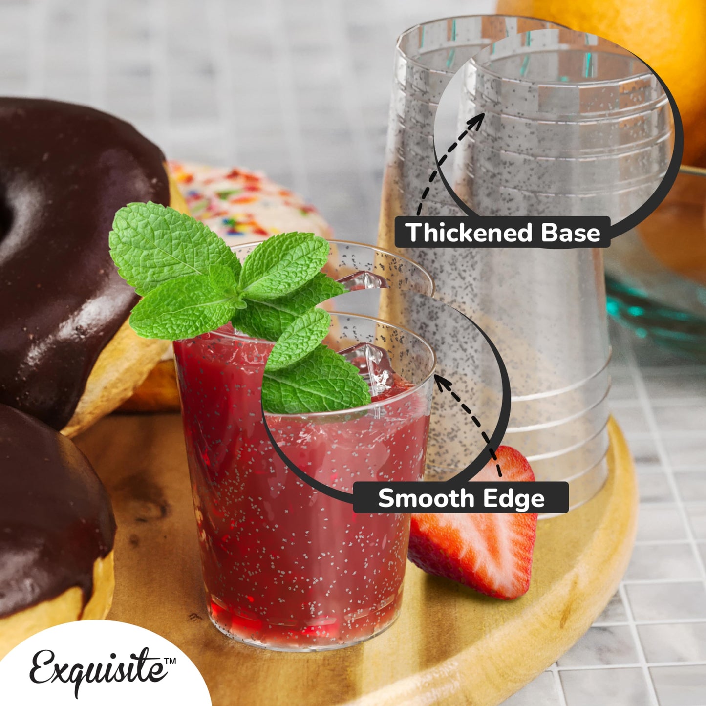 120 Count 10 oz Silver Glitter Clear Plastic Cups Tumblers - Hard Plastic Disposable Cups for Wedding Glasses - Plastic Party Cups for Cocktail Wine and More - Exquisite