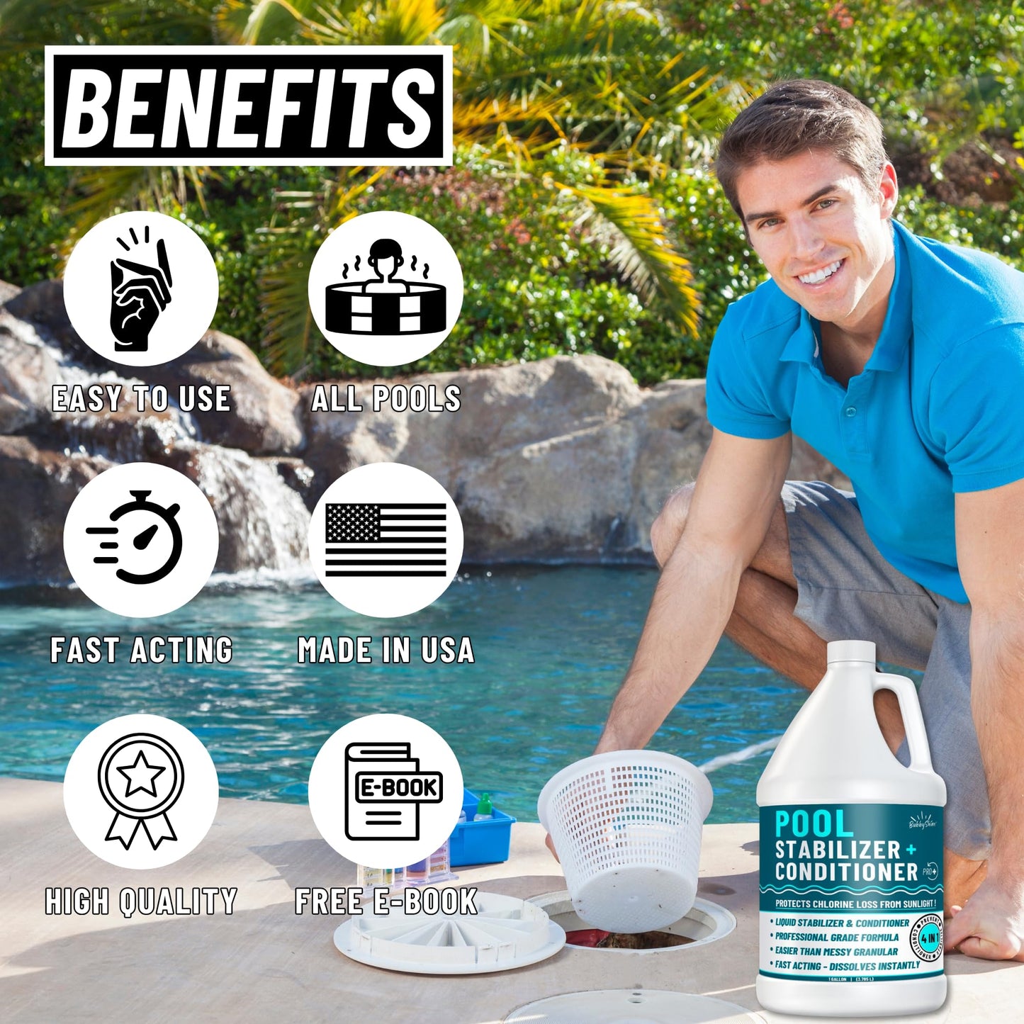 BubbyShine, Pool Stabilizer - Cyanuric Acid Pool Stabilizer, Liquid Chlorine Stabilizer for Pool Chemicals, Swimming Pool Conditioner Stabilizer, Pool Stabilizer for Salt Pool & Chlorine, 1 Gallon