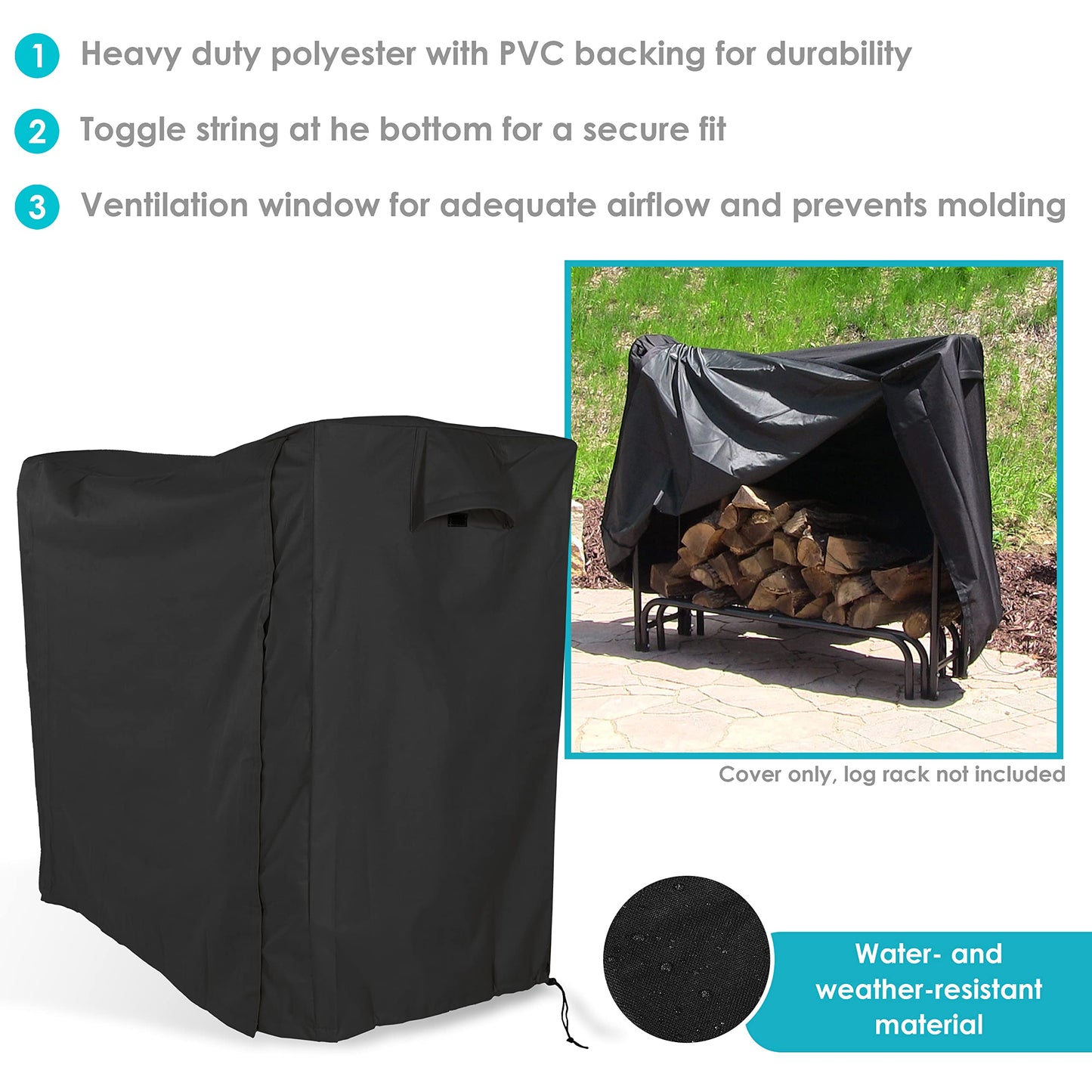 Sunnydaze 5-Foot Firewood Log Rack Cover - Weather-Resistant Outdoor Heavy-Duty Polyester with PVC Backing - Black