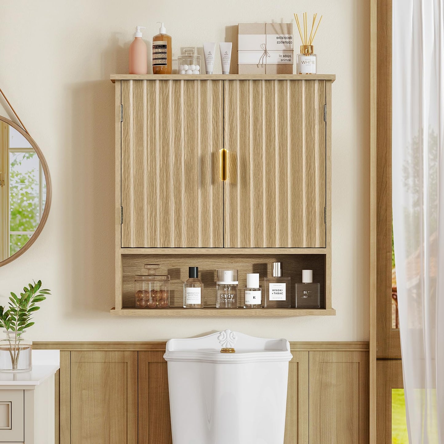 FIONESO Bathroom Wall Cabinet, Bathroom Storage Cabinet with 2 Barn Doors & Adjustable Shelf, Over The Toilet Wall Storage Cabinet, Medicine Cabinet, Laundry Cabinet, 13D x 55W x 60H cm, Natural