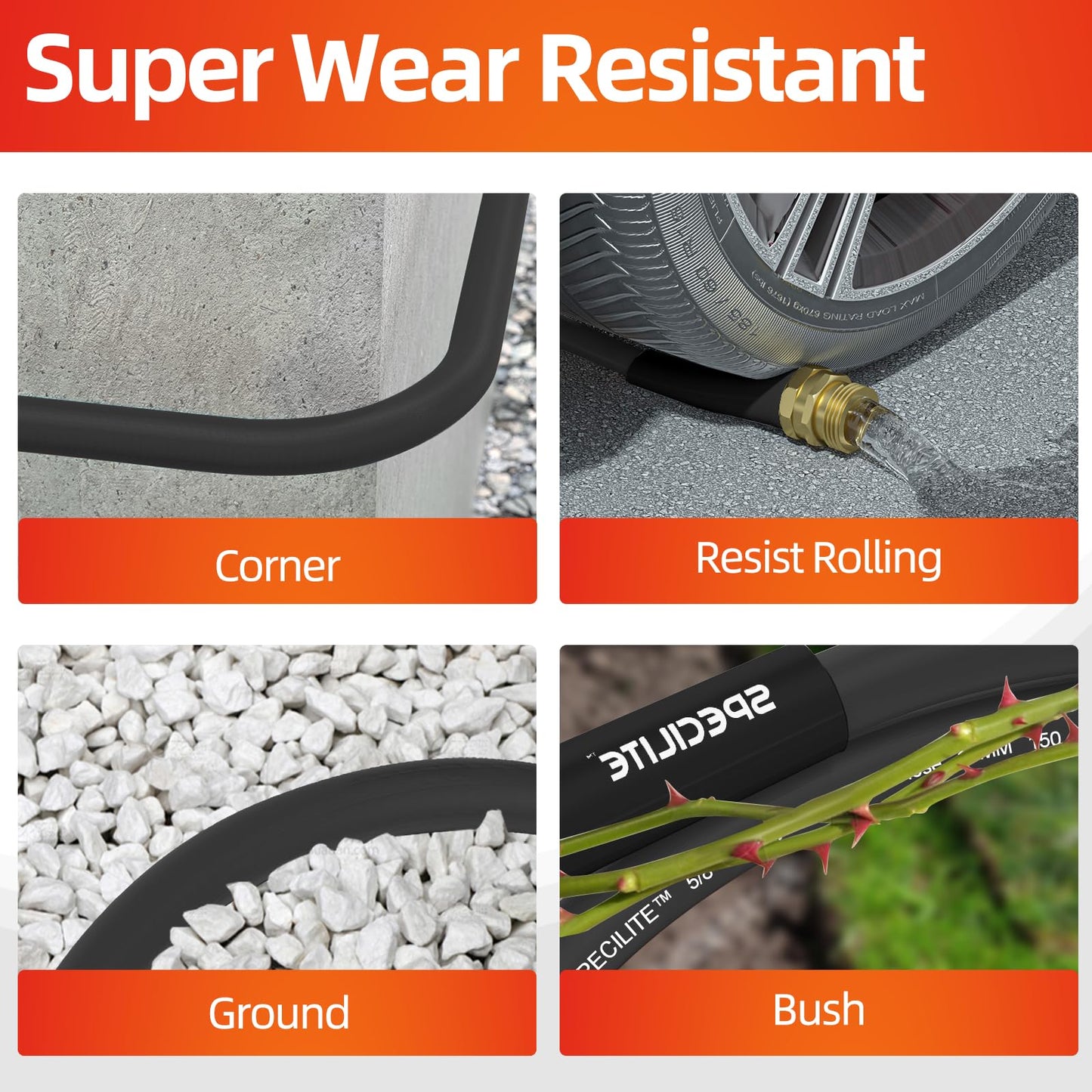 SPECILITE Garden Hose 50 ft x 5/8 in Heavy Duty, Flexible and Lightweight, Burst 600 psi, Kink-Less Hybrid Rubber Pipe for Backyard, 3/4'' Brass Fittings, Black