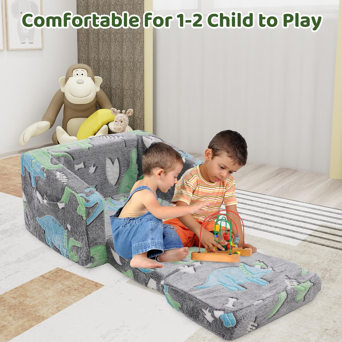 Toddler Couch, Foldable Toddler Chair, Kids Couch 2 in 1, Pull Out Bed Kids Sofa for Playroom, Removable Cover Armrest, Glow in The Dark Open Couch, 91 cm Length (Grey Dinosaur)