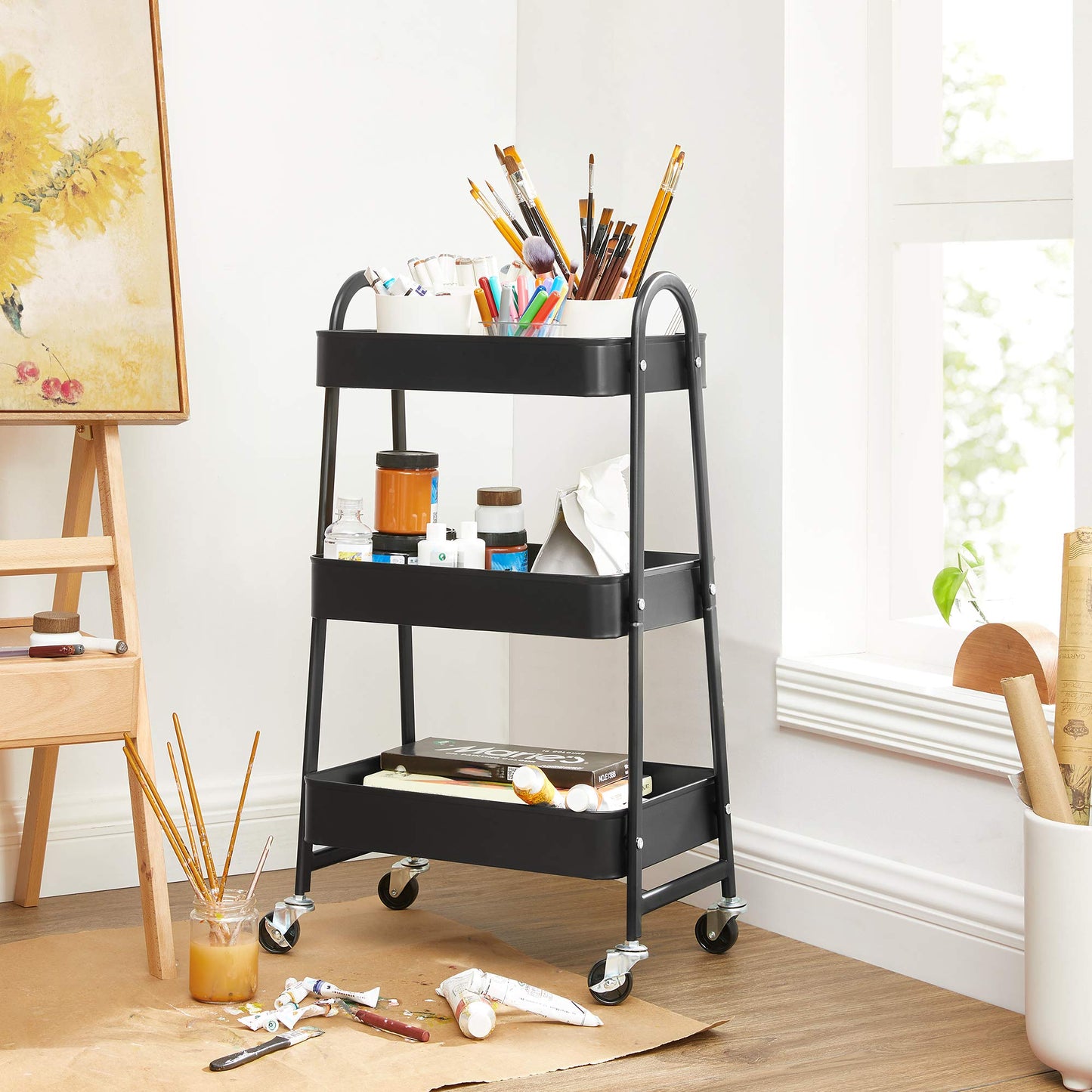 SONGMICS 3-Tier Utility Rolling Cart, Metal Storage Cart with 2 Brakes and Handles, Black UBSC068B01