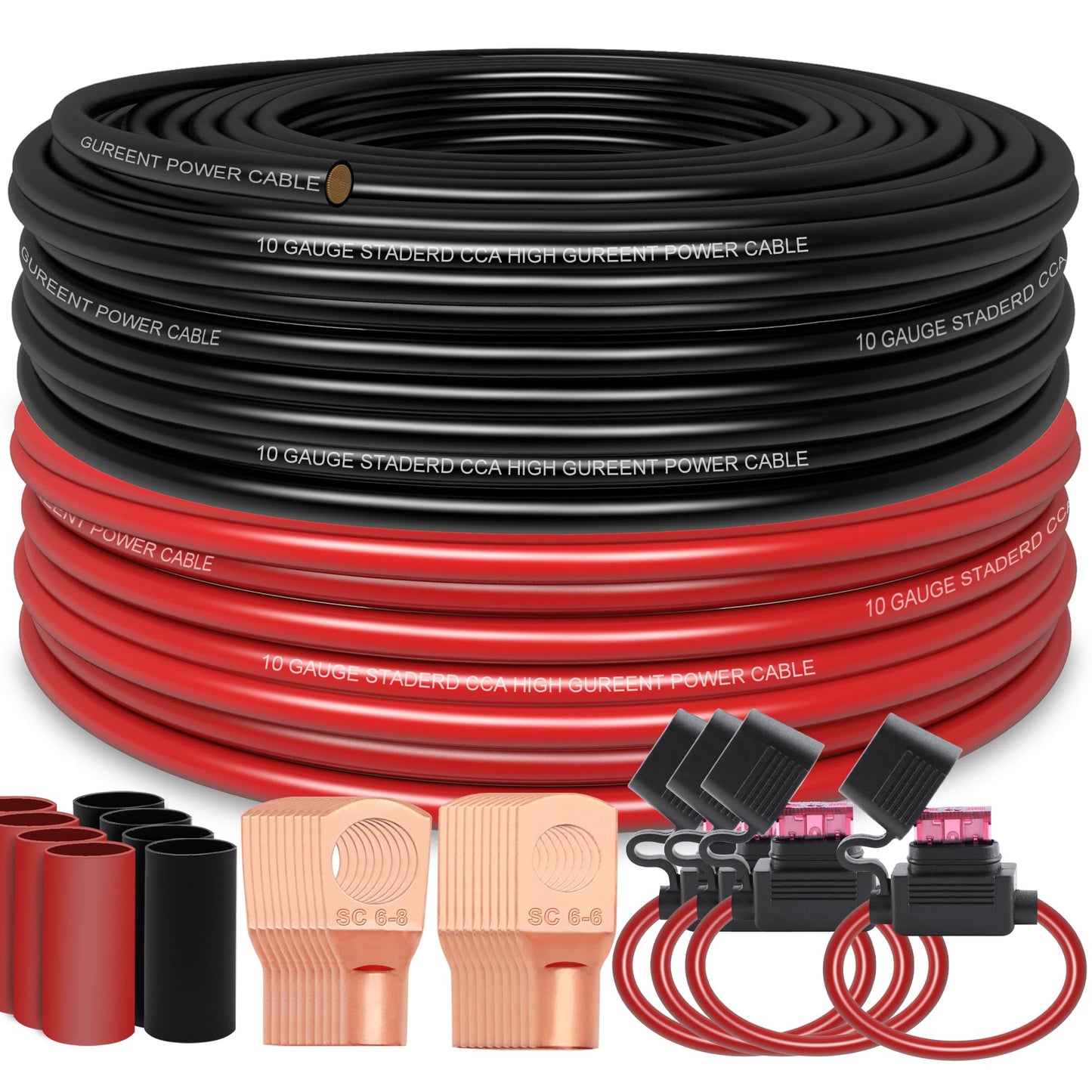 Taigoehua 100FT 10 Gauge Wire (50ft Each- Black/Red) 4 * 40A Fuse Holder/20*Lugs/-Copper Clad Aluminum CAA-Primary Automotive Wire,Car Amplifier Power & Ground Cable