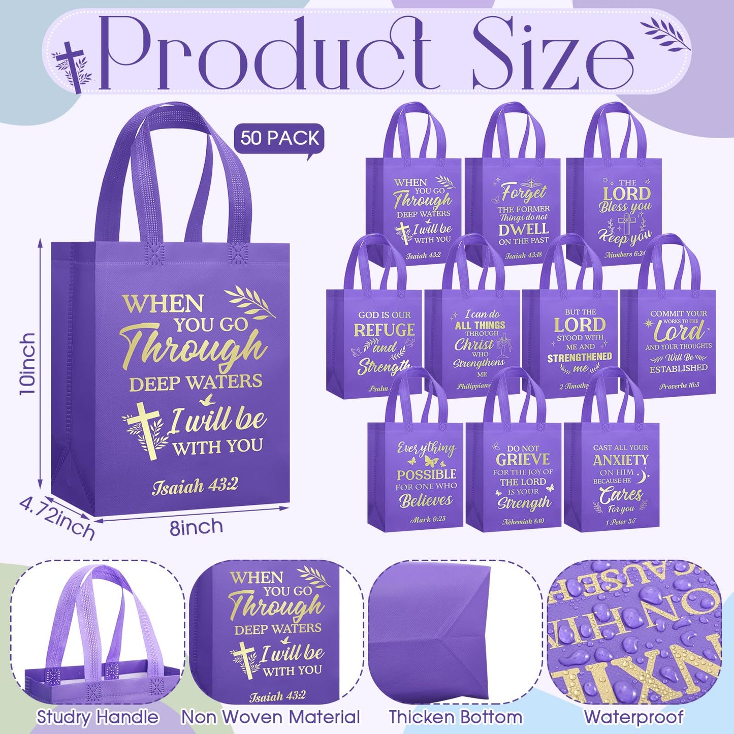 Talltalk 50 Pcs Christian Gift Bag Bulk Reusable Bible Verse Tote Religious Welcome Visitors Church Bags with Scriptures Clergy Pastor Gift for Sunday School Party Favors Christmas(Purple,Medium)