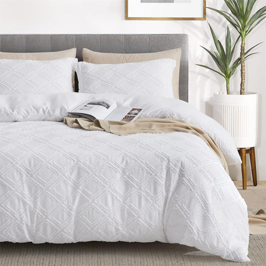 Maple&Stone Queen Duvet Cover Set, 3 Pieces Textured Tufted Boho Bedding Sets Zipper Closure Design with Ties, 1 Duvet Cover + 2 Pillow Shams, Comforter NOT Included (White, Queen Size)