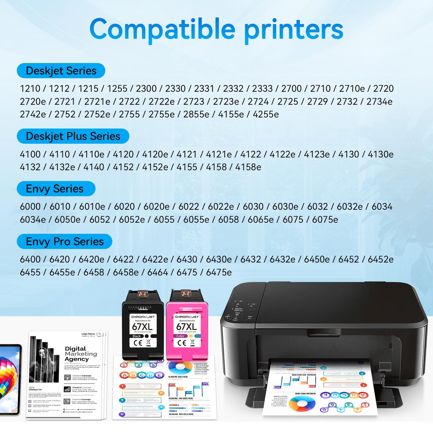Chromojet 67XL Ink Cartridges Black/Color Combo Pack Compatible for HP Ink 67 67XL Printer Ink 67 Fit for DeskJet 4155e 2855e 2755e 2700 2700e 2800e 4100 Envy 6055e 6455e 6000 6400 Printer