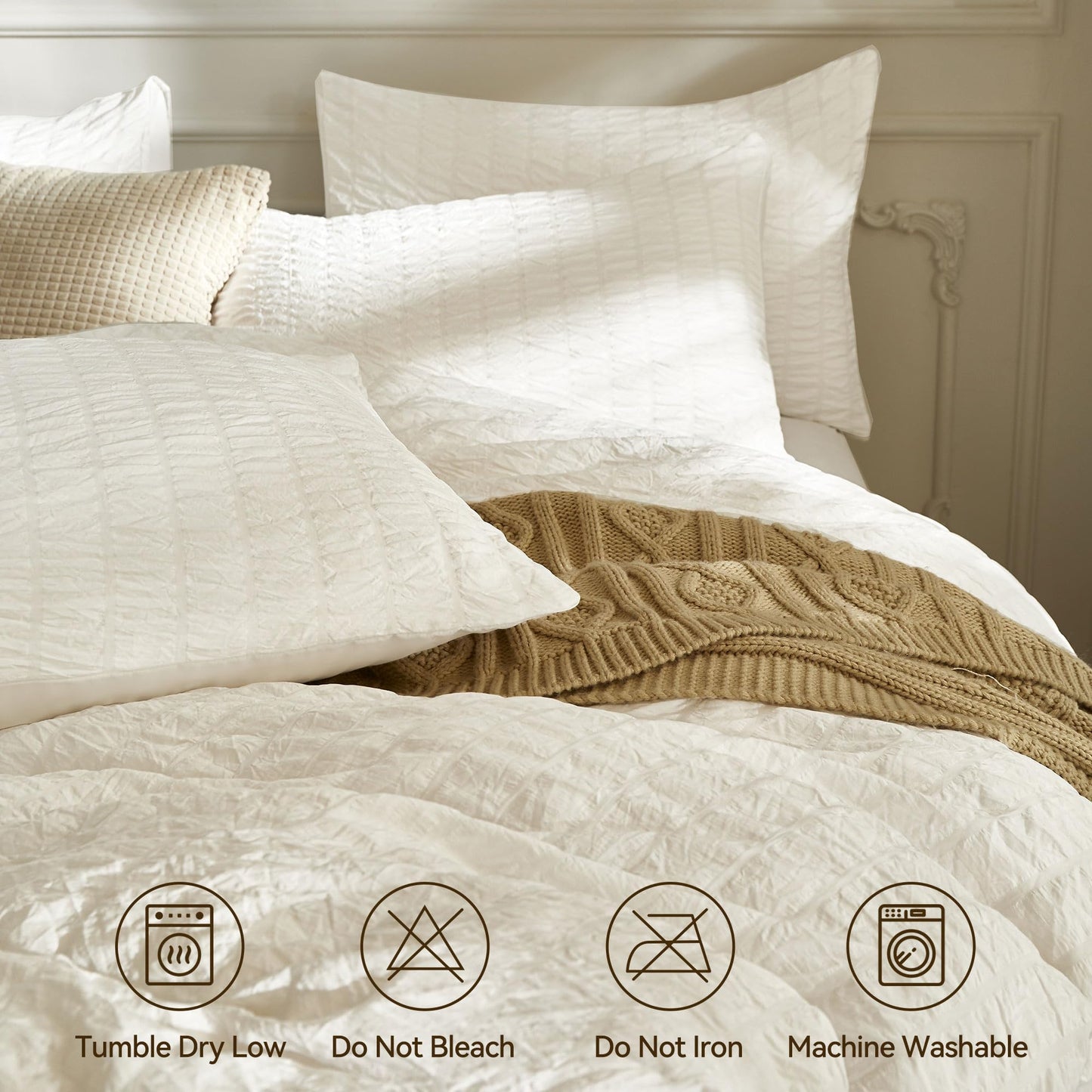 JELLYMONI White Duvet Cover King Size, 3pcs Washed Microfiber Bedding Set, Soft Breathable Seersucker Duvet Cover Set with Zipper Closure and Corner Ties for All Seasons