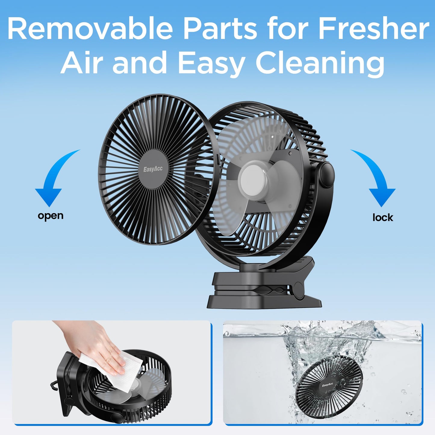 EasyAcc 10000mAh Desk Clip on Fan, Max 37 Hours Portable Rechargeable Fan,with 5 Speeds,Digital Display, Strong Airflow Sturdy Clamp, for Camping Tent Golf Cart Treadmill Travel 8-Inch Black