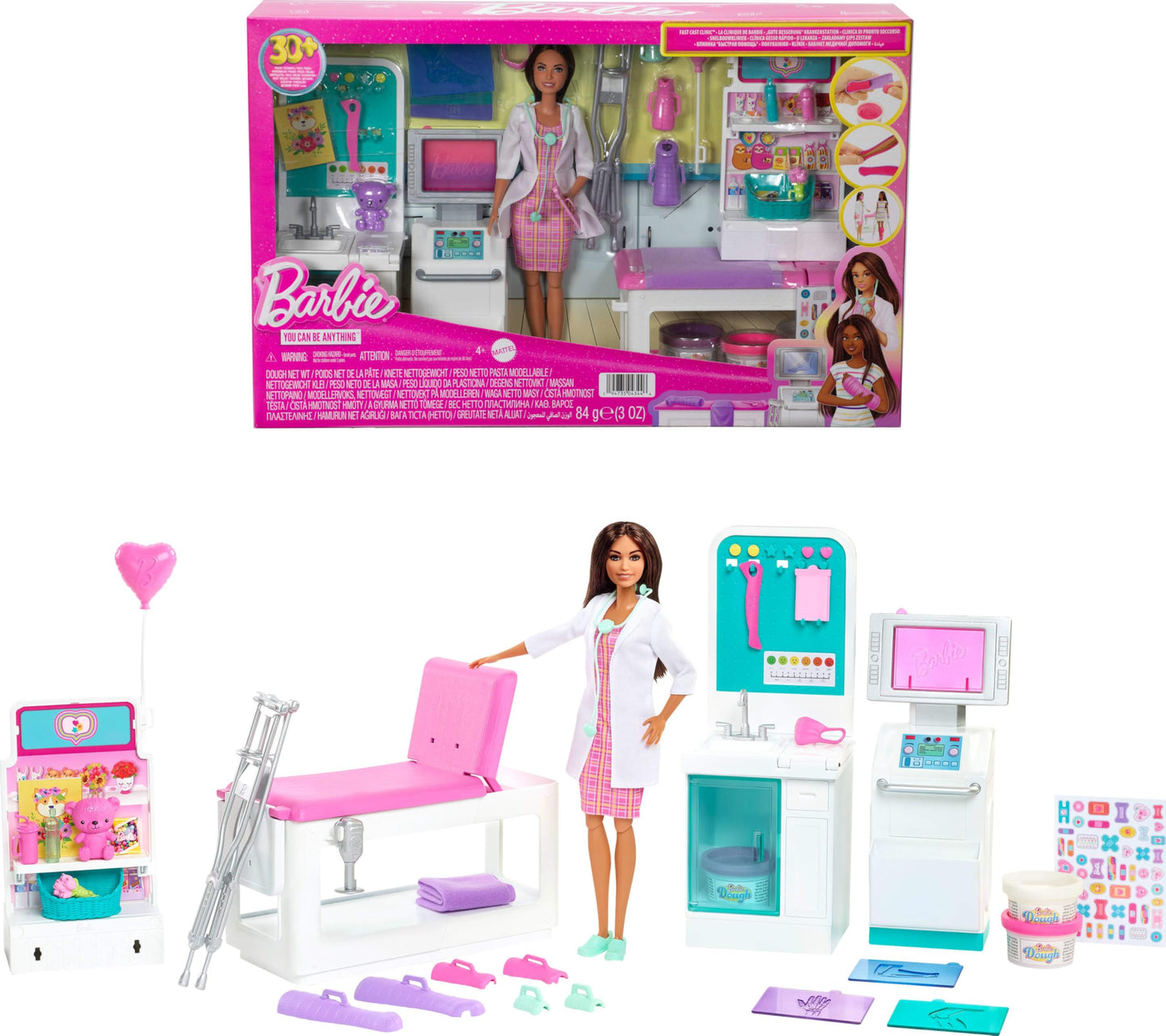 Barbie Fast Cast Clinic Playset, Brunette Barbie Doctor Doll (12-in/30.40-cm), 30+ Play Pieces, 4 Play Areas, Cast & Bandage Making, Medical & X-ray Stations, Great Toy Toy for 3 Years Old & Up