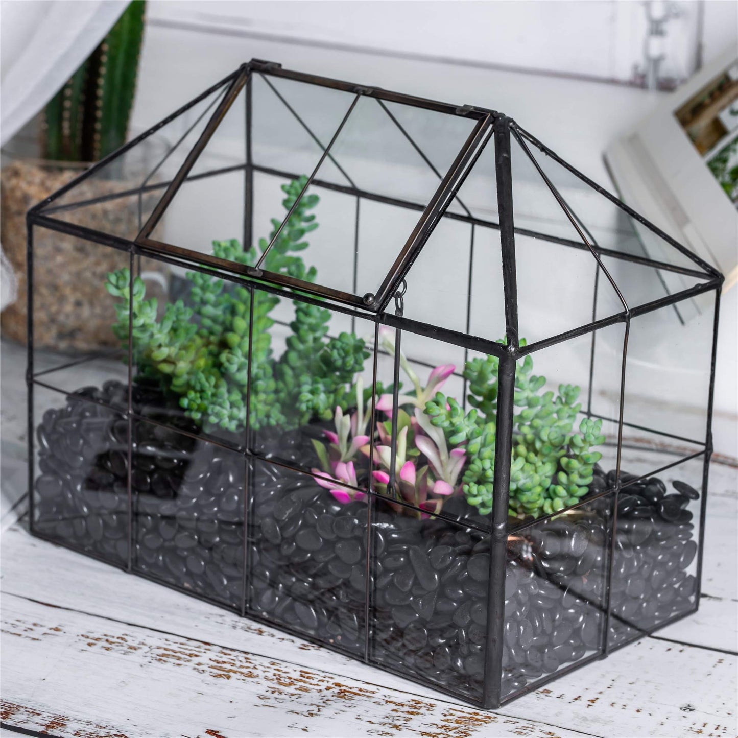 NCYP Geometric Terrarium Planter - 25x13.5x20 cm - Grid House Shape Glass Terrarium Box for Succulent Cacti Air Plants, Modern Indoor Tabletop Centerpiece, Flower Pot, Black (No Plants)