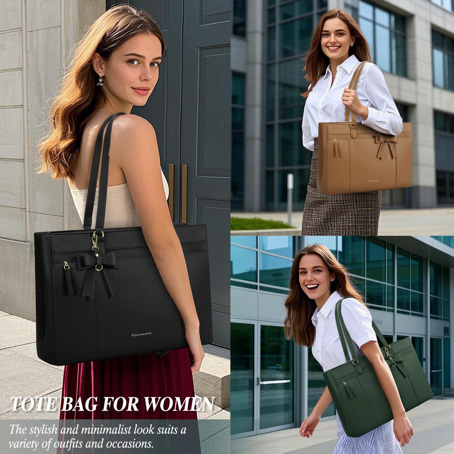RAINSMORE Work Tote Bags for Women 15.6 Inch Laptop Bag Womens Waterproof PU Laptop Purse with Large Bow Laptop Briefcase for Office Computer Travel Shoulder Handbag, Black