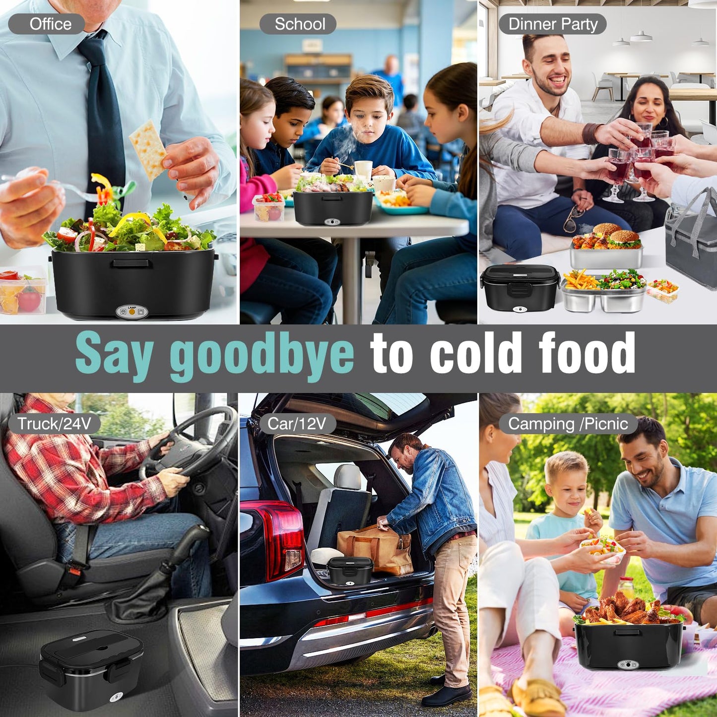 Electric Lunch Box Food Heater - 80W Fast Heating Lunch Box Dual 1.5L Removable SS Containers Portable Food Warmer for Car（12V/Truck（24V/ Office(110V)/ Work/Travel Use - Ideal for Men, Women, Adults