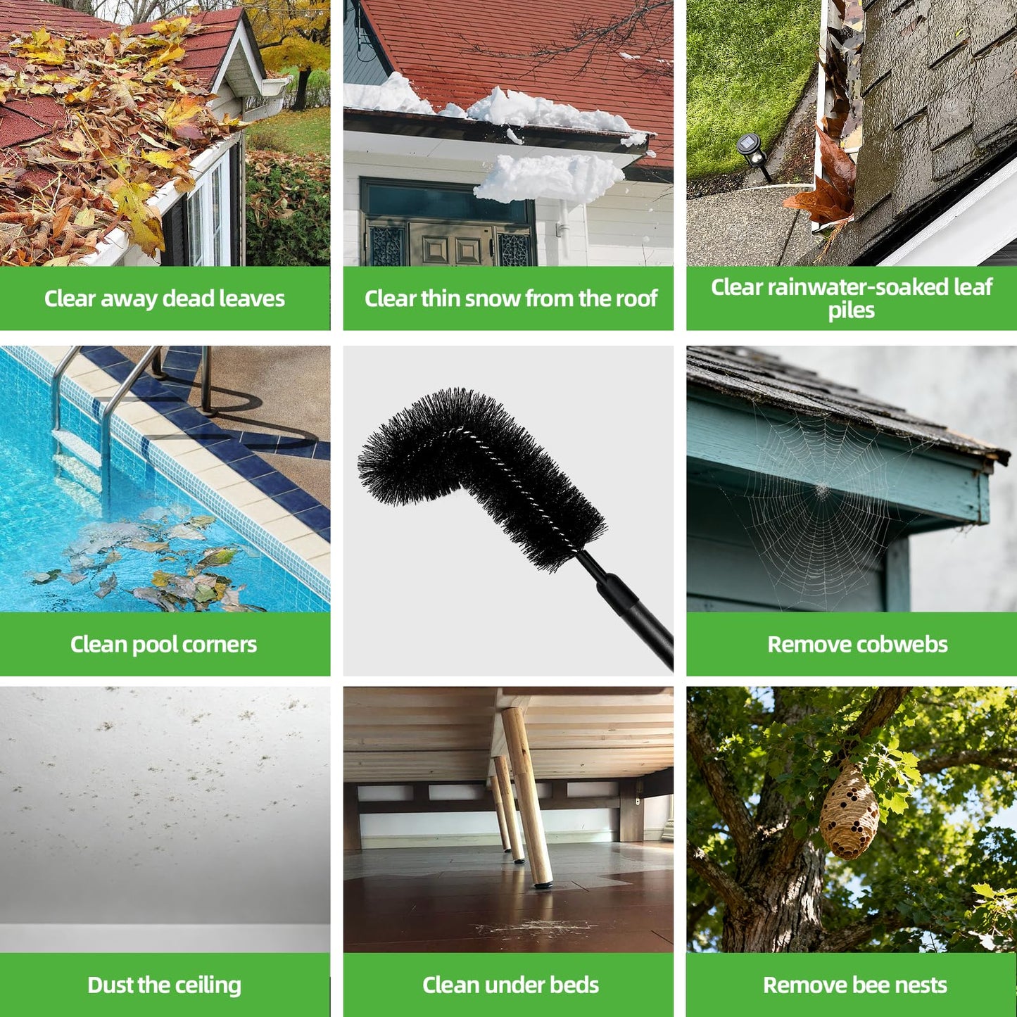 13 FT Gutter Cleaning Tool, Roof Gutter Brush, Clear Leaves from Roof Gutters Without a Ladder, Includes 2 Cleaning Brushes & Black