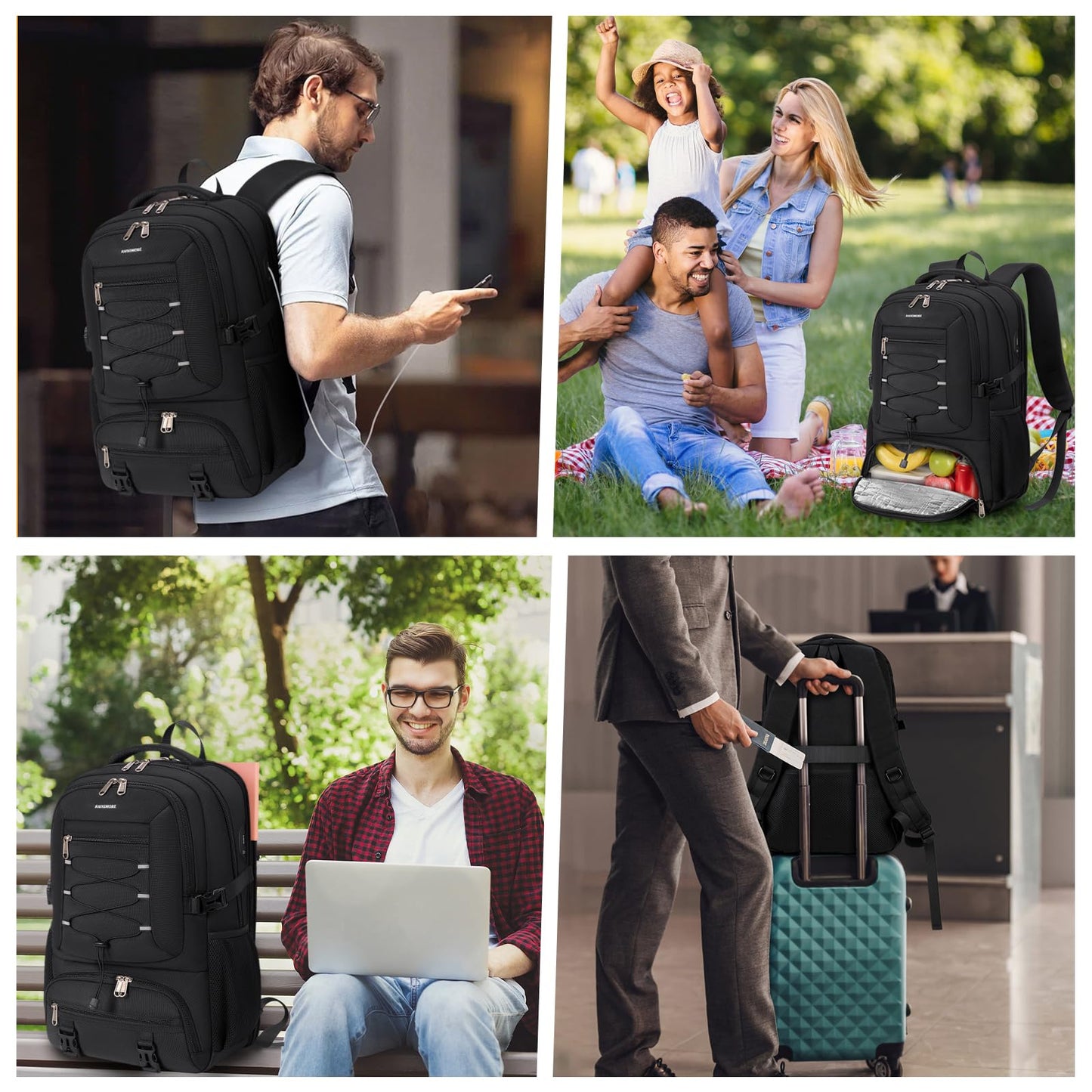 RAINSMORE Insulated Lunch Backpack for Men Women, 17.3 Inch Laptop Backpack with lunch compartment and USB Port and TSA Approved, for Work, Travel, Daily Life