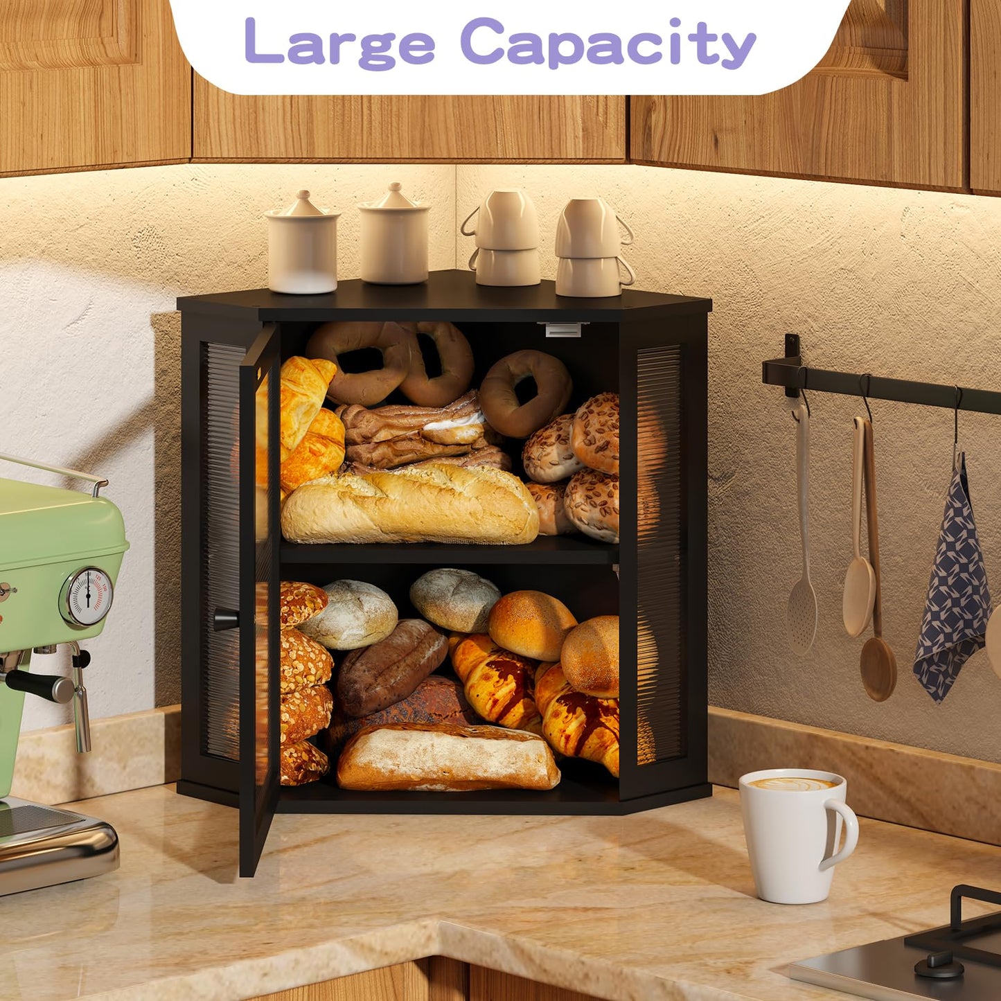 Wieghda Corner Bread box for Kitchen Countertop,Farmhouse Bread Box with Acrylic Wavy Door Panel,Large Bread box for kitchen countertop,Kitchen Countertop Food Storage Container (Black, Large)