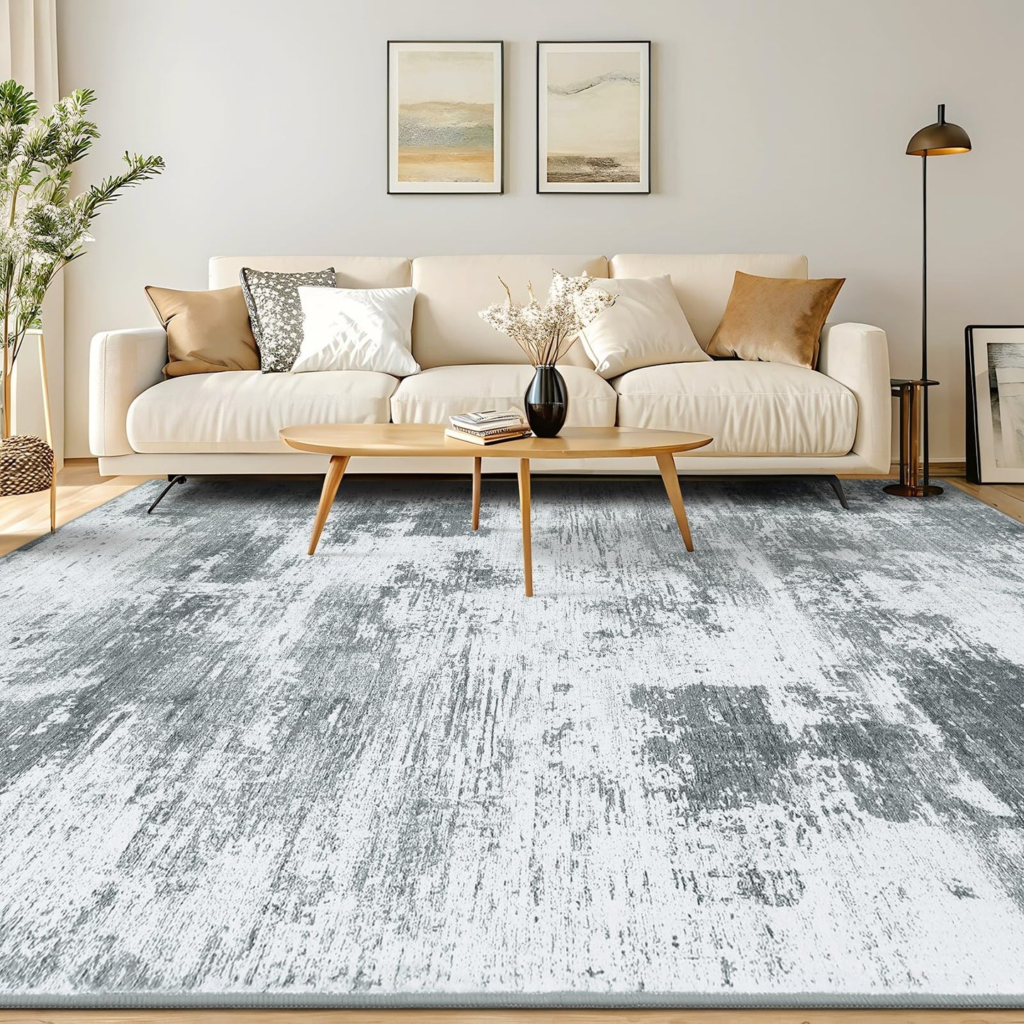 OLANLY Modern Abstract Area Rugs for Living Room, 4x6 Non Slip Machine Washable Rug, Lightweight Low Pile Floor Carpet for Bedroom, Dining Room, Nursery, Home Office, Entryway Rugs, Grey