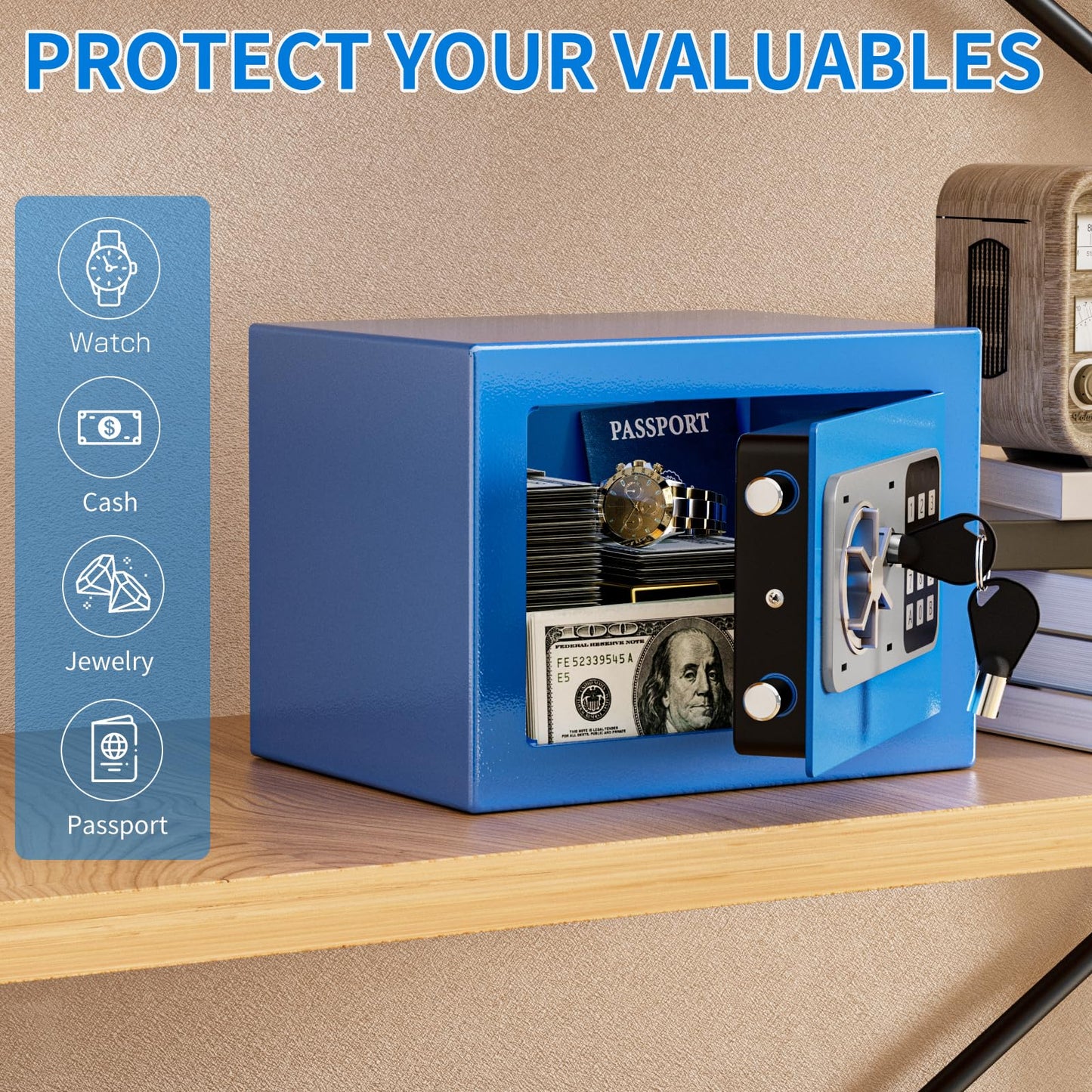 KABISAFE Safe with Digital Security Keypad and Key, 0.5 Cubic Feet Mini Safe, Kid Safe Box, Personal Safe for Home Office Hotel Storage valuables(Blue)