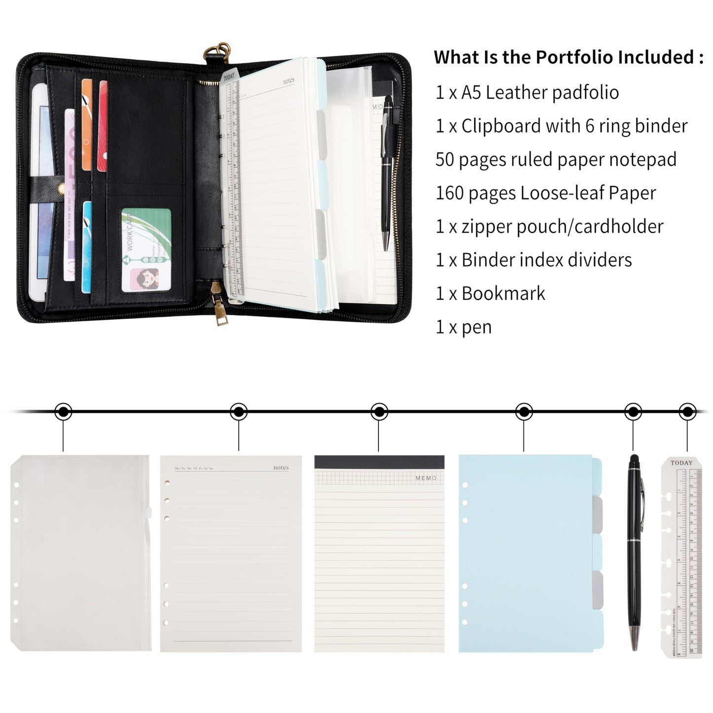 Wason Portfolio A5 Binder Journal with Zipper - Leather pu Writing Notebook Padfolio with Detachable Refillable Notebook, Legal Pad for Business Study and Travel Organizer (Black)