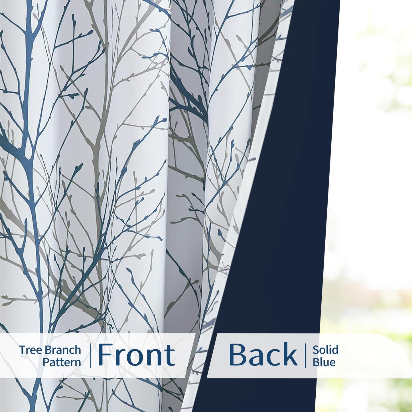 FMFUNCTEX 100% Blackout Curtains for Bedroom, Blue on White Curtains 84 Inches Long for Living Room, Tree Branch Pattern Print Curtain Panels, Thermal Insulated Drapes Grommet Window Curtains 2 Panels