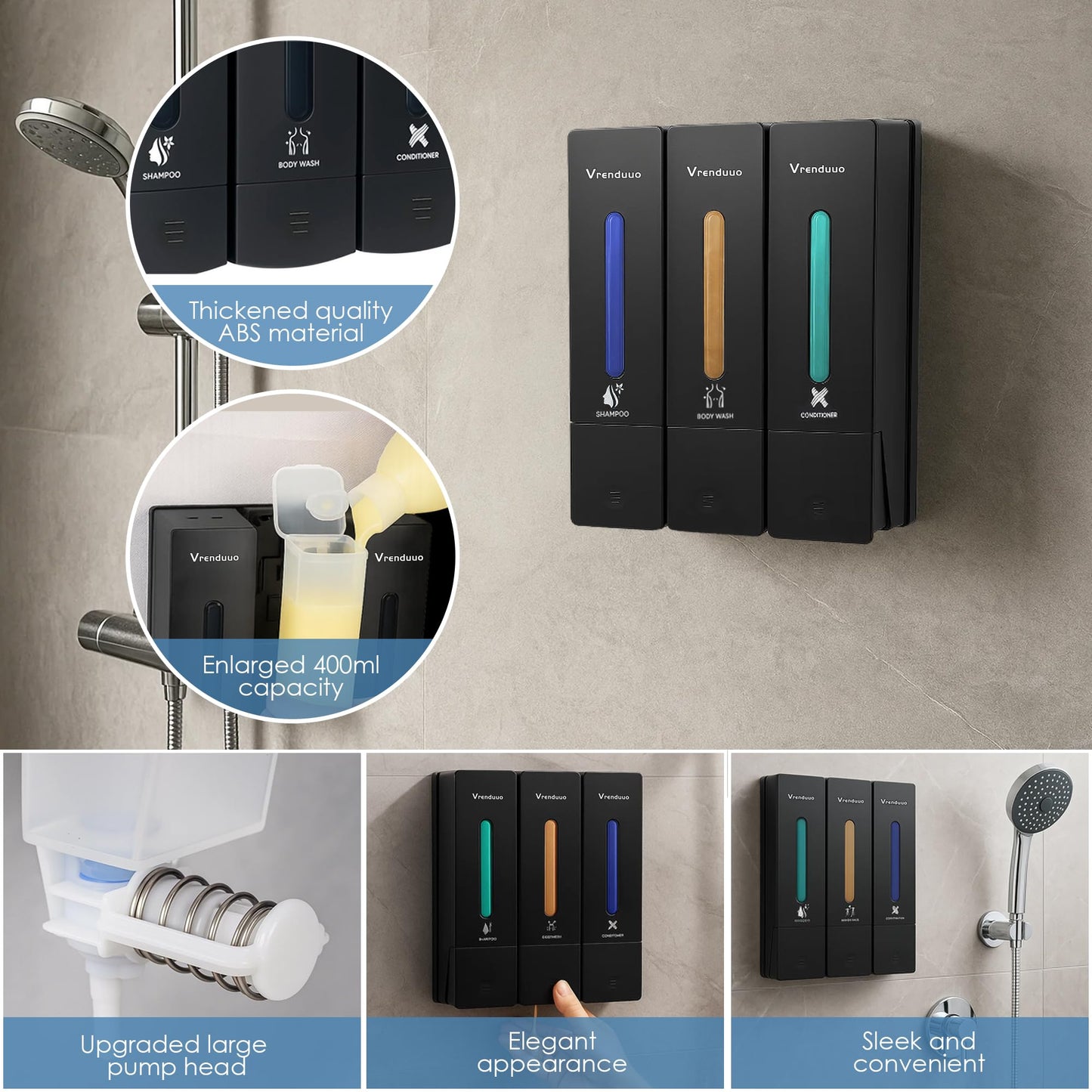Shampoo and Conditioner Dispenser,Shower Dispenser 3 Chamber No Drill,Shower Soap Dispenser Wall Mounted for Bathroom Hotel with Upgrade Pump Head,3 * 400ml (Black 3 Chamber)