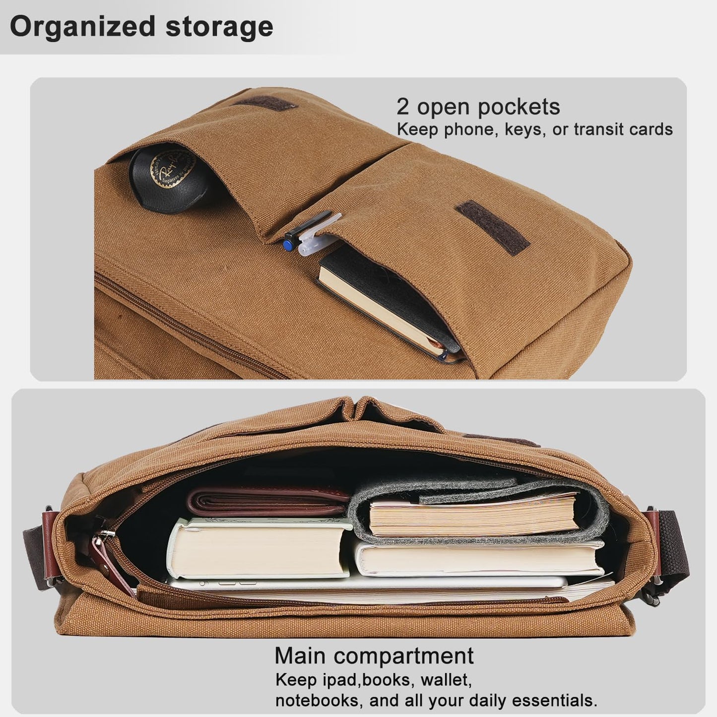Vintage Canvas Satchel Messenger Bag for Men Women,Travel Shoulder Bag 13.5" Laptop Bags Bookbag (Coffee)