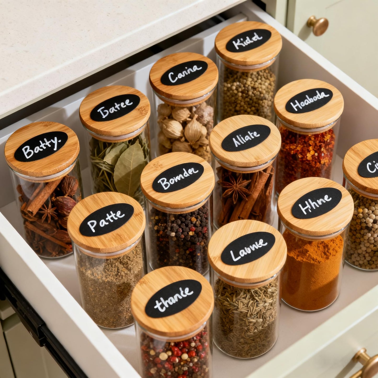 Glass Spice Jars with Bamboo Lids 12 Pack, 250ml Empty Spice Containers with Labels,Airtight Small Seasoning Jars for Salt, Pepper, Chili Powder, Sugar, Loose Tea Storage