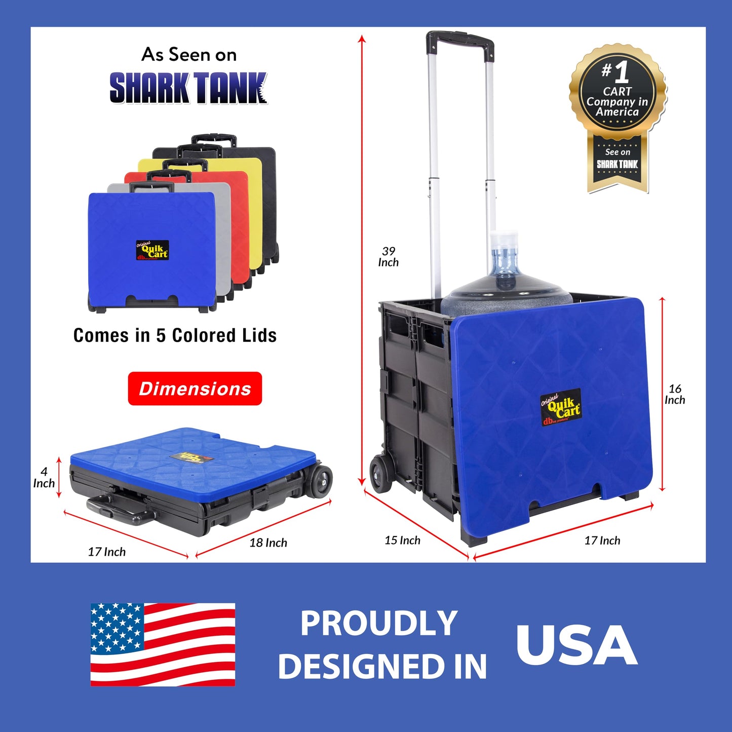 Dbest Products Quik Cart Collapsible Rolling Crate on Wheels for Teachers Tote Basket, 80 lbs Capacity, Blue Lid Made from Heavy Duty Plastic and Used as a Seat, 01759MB