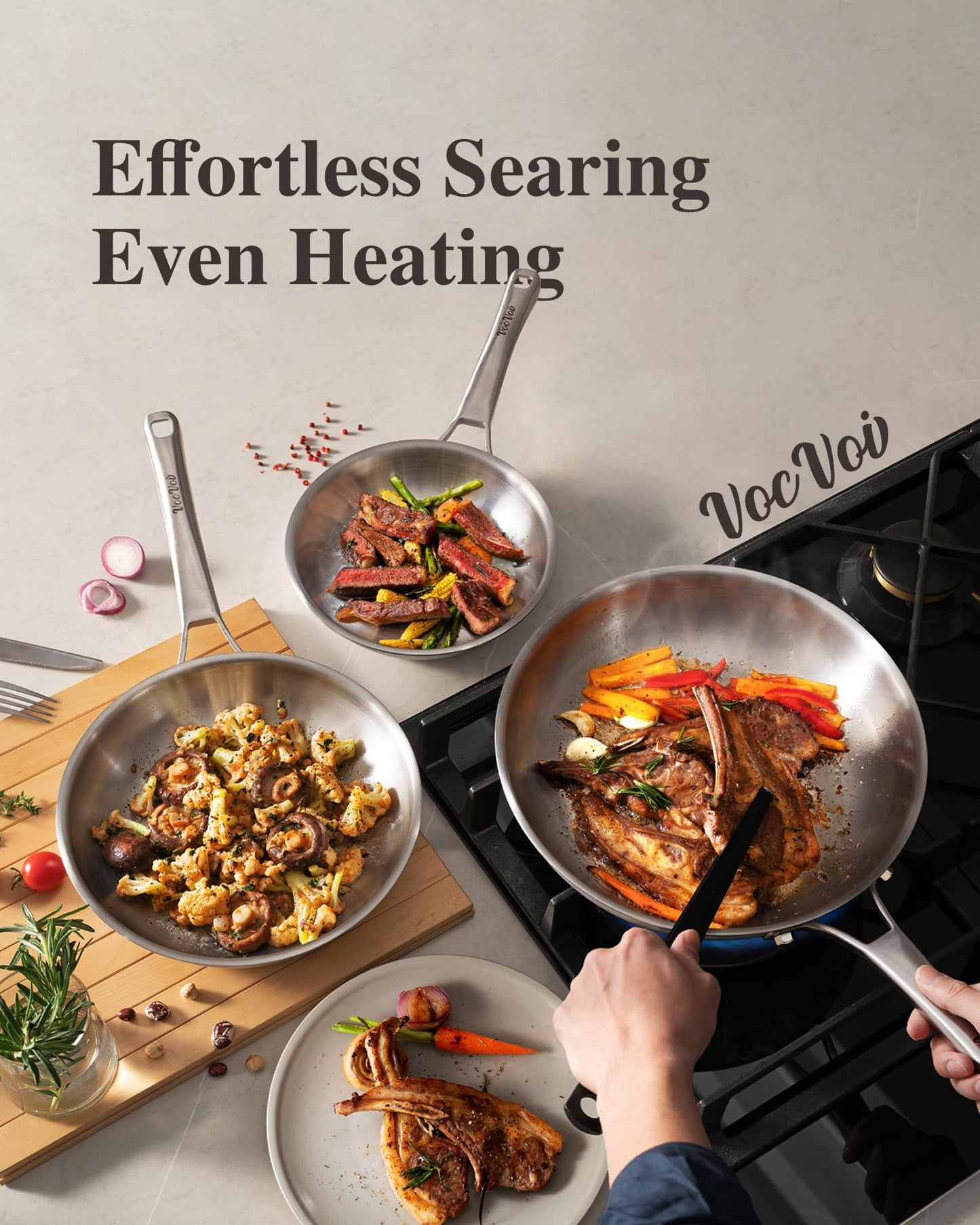 Stainless Steel Pan with Lid, 12-Inch Tri-Ply Chef's Pans, Dishwasher & Oven Safe Cookware, Ceramic and Gas Cooktops, No Chemical Coating, PFOA&PTFE Free Skillets, Compatible with All Cooktops