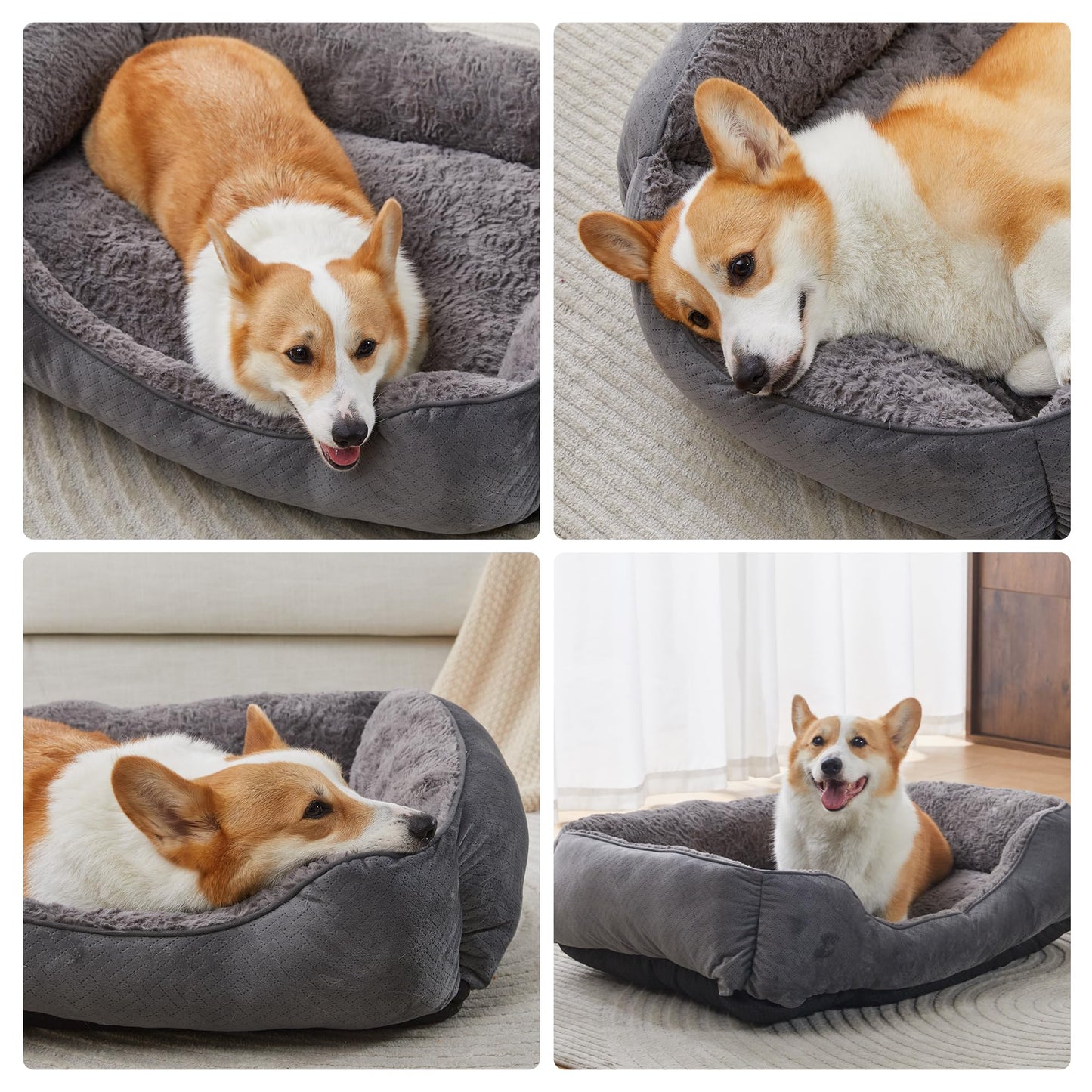 Dog Bed Medium, Super Soft Rectangle Dog Beds, Washable Warming Pet Bed with Anti-Slip Bottom, Anti-Anxiety, Grey, 25 x 21 x 8inch