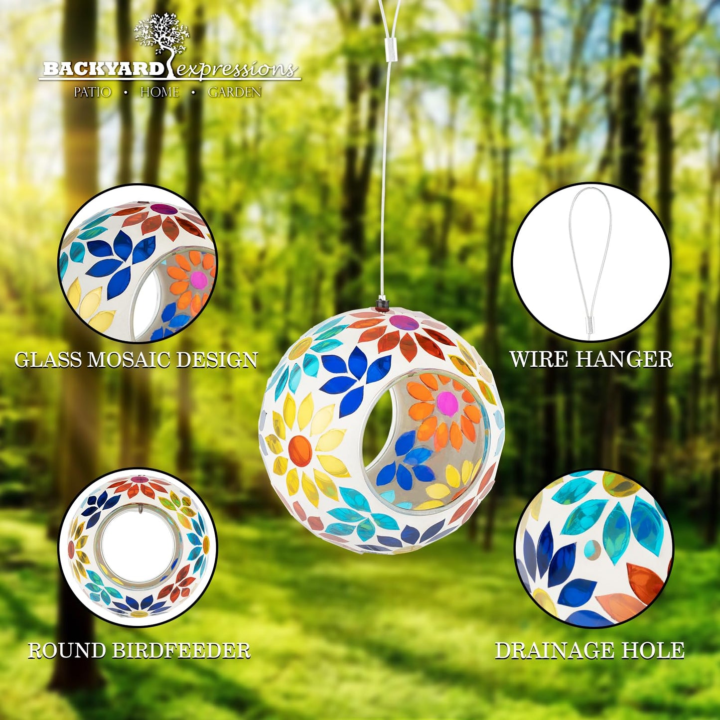 Backyard Expressions Hanging Glass Bird Feeder - Multicolor - Fly Through Bird Feeders for Outside, Mosaic Bird Feeder, Round Shape Wild Birdfeeder