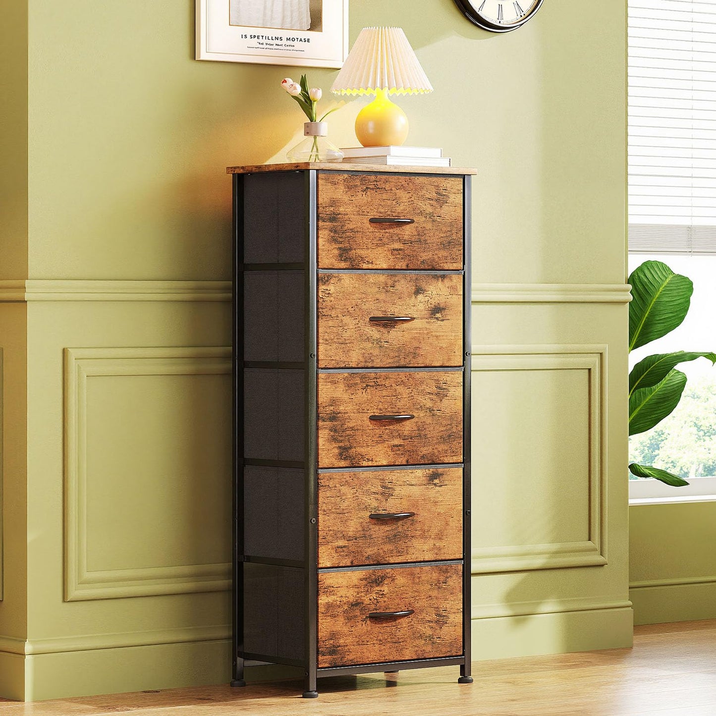 CAIYUN 5 Drawer Tall Dresser, Dresser for Bedroom Entryway Hallway, Closet Storage Drawer, Commode De Chambre, Armoire De Rangement, Rustic Brown
