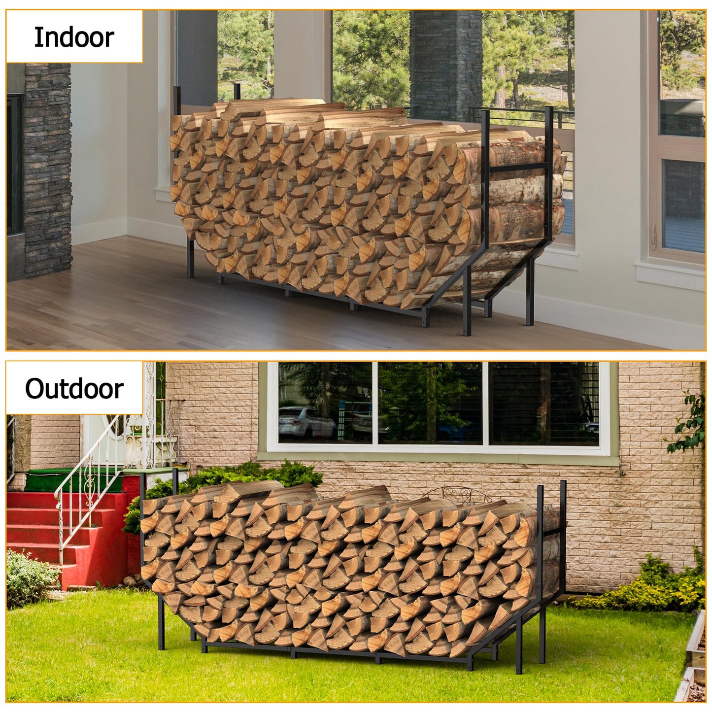 HEOMU 6FT Firewood Rack Outdoor, Metal Firewood Holder for Outdoor Indoor Fireplace Wood Organizer, Heavy Duty Wood Stacking Rack Firewood Carrier for Deck Patio Logs Storage with Black Finish
