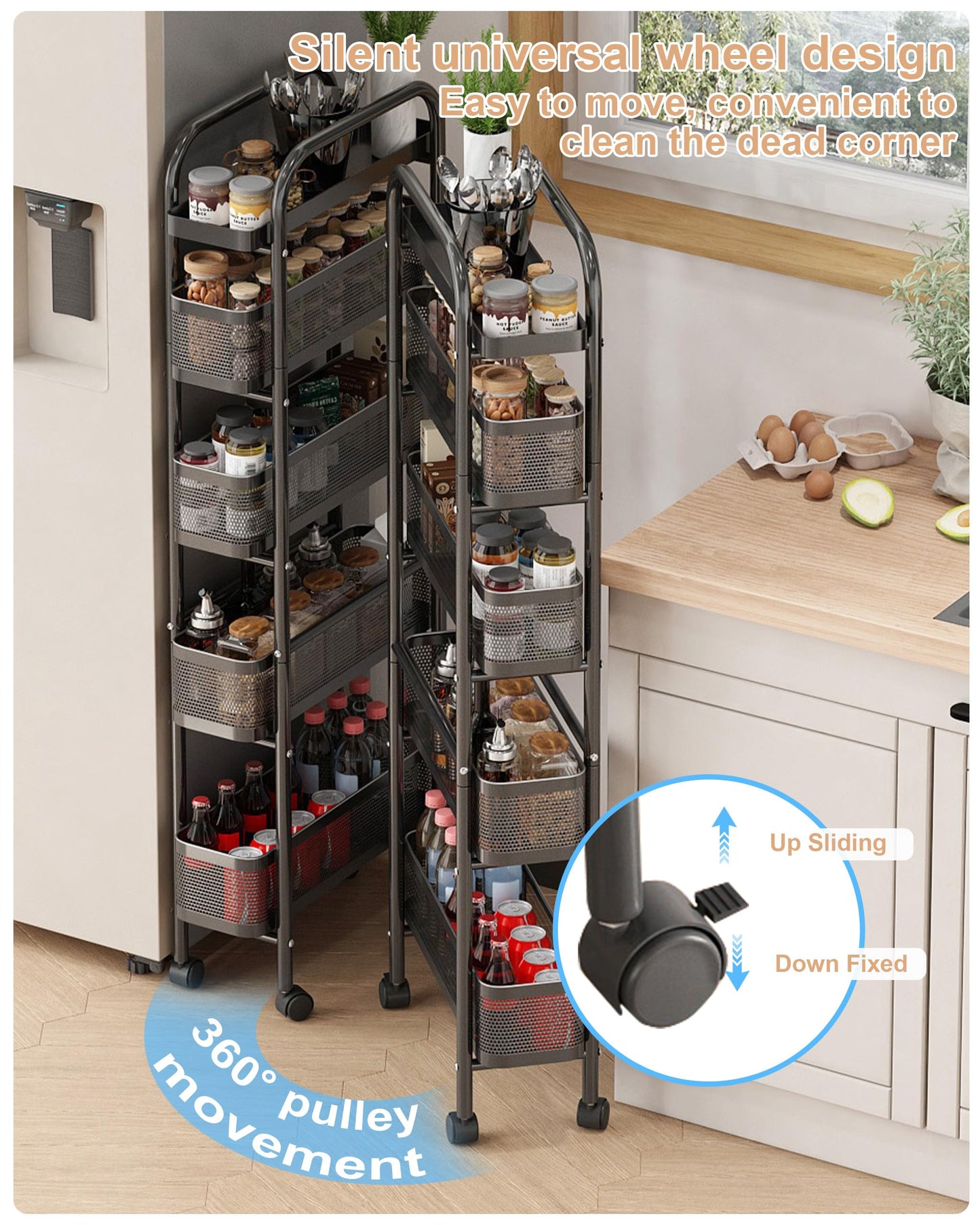 UMDONX 5 Tier Rolling Cart with Pull Out Basket, Premium Metal Slim Storage Cart on Lockable Wheels, Utility Kitchen Organizer for Onion Potato Snack, Narrow Shelving Unit Pantry Wire Shelf, Black