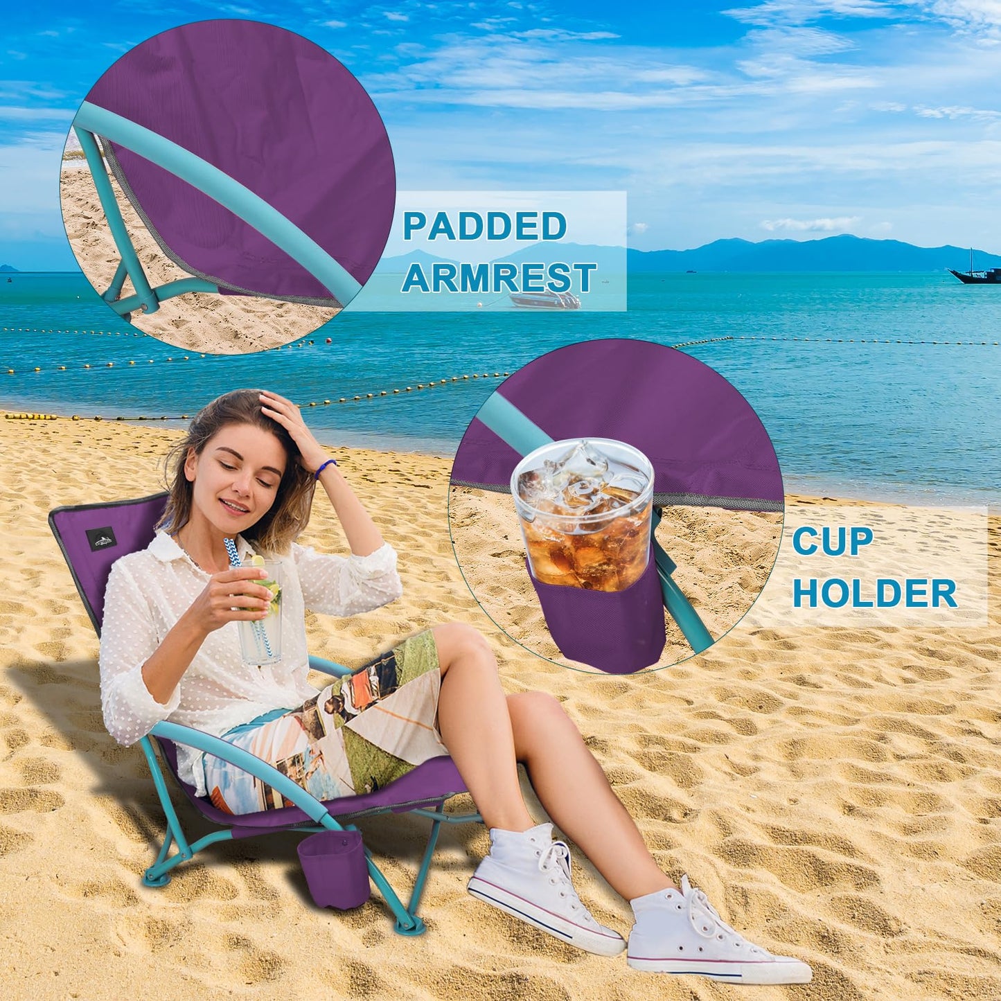 Northroad Low Folding Beach Chair,Portable Lightweight Lowback Sling Chair, Outdoor Low Seat Camping Chair w/Cup Holder & Carry Bag for Sand Camping Lawn Picnic Festival, Purple