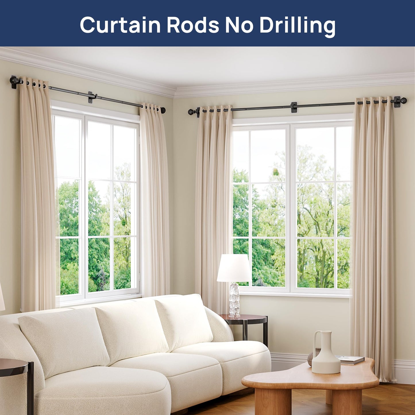 upsimples 2 Pack No Drill Curtain Rods for Window 48 to 84 Inches, 5/8 Inch Diameter Renter Friendly Drapery Rod with Adhesive Brackets without Drilling, Adjustable from 27 to 90 Inches, Black