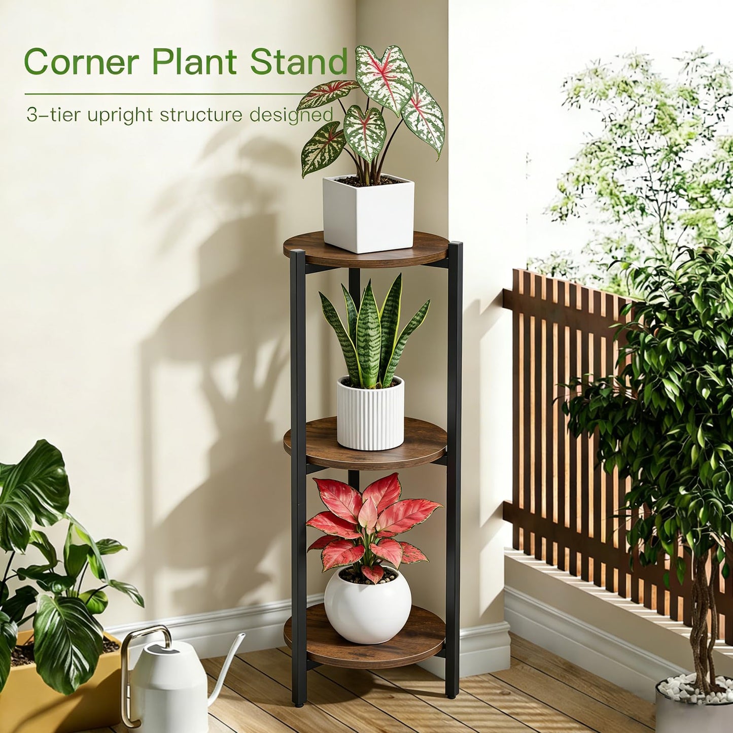 ZBBCTUS Plant Stand Indoor, Corner 3 Tier Tall Plant Stand Shelf with Brown Round Wooden Shelves, Heavy Duty Metal Frame Plant Holder, Sturdy Storage Rack for Living Room Balcony Garden Outdoor
