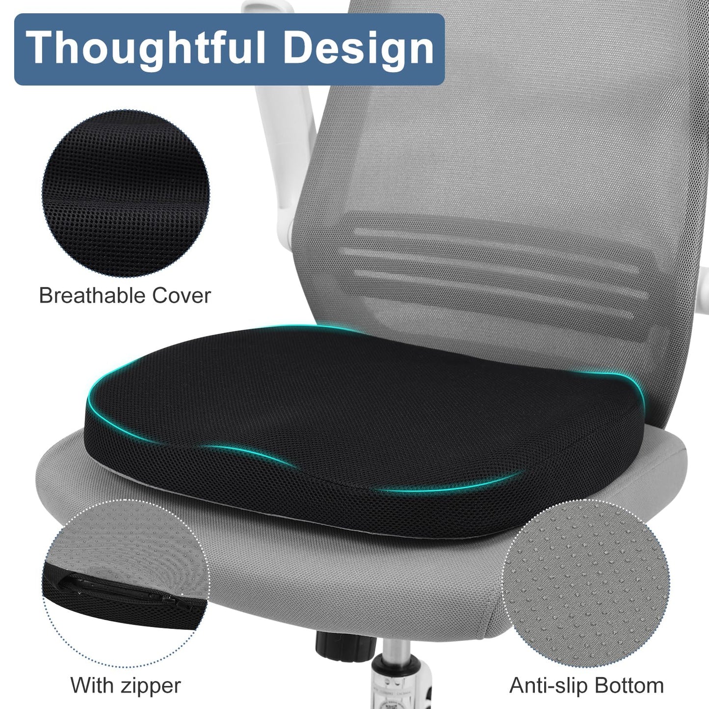 HAVARGO Memory Foam Seat Cushion Contoured Ergonomic Office Chair Cushion Dual-Layer Design Seat Pad for Car Wheelchair Pressure Relief Sciatica & Pain Relief (Black, Breathable Cover)