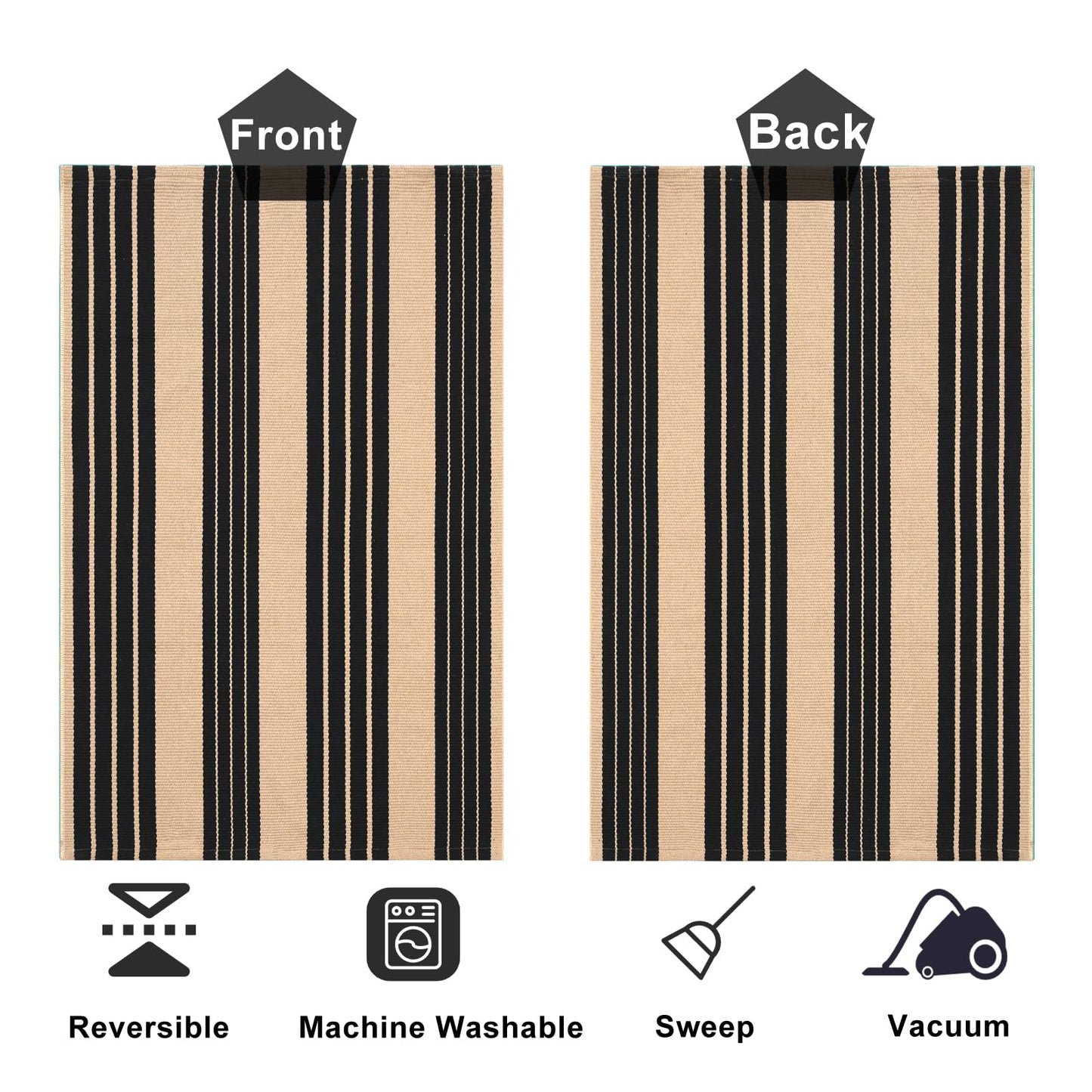Fallovea Black and Tan Striped Rugs, 90×150 cm Area Rug Outdoor Indoor Front Porch Doormat Cotton Hand-Woven Layered Door Mats for Entryway Patio Entryway Laundry Bedroom Living Room