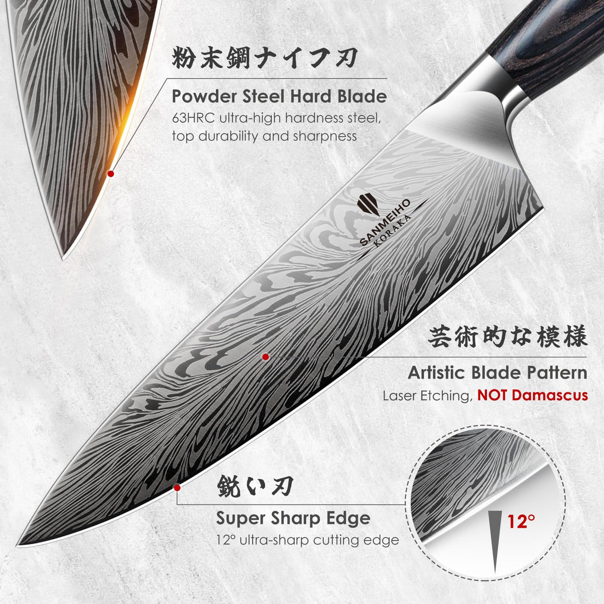SANMEIHO Chef Knife in Powder Steel, Japanese Kitchen Knife 8 Inch, Ultra Sharp Chef's Knives, High Carbon Japanese Utility Knives for Meat Vegetable with Ergonomic Pakkawood Handle