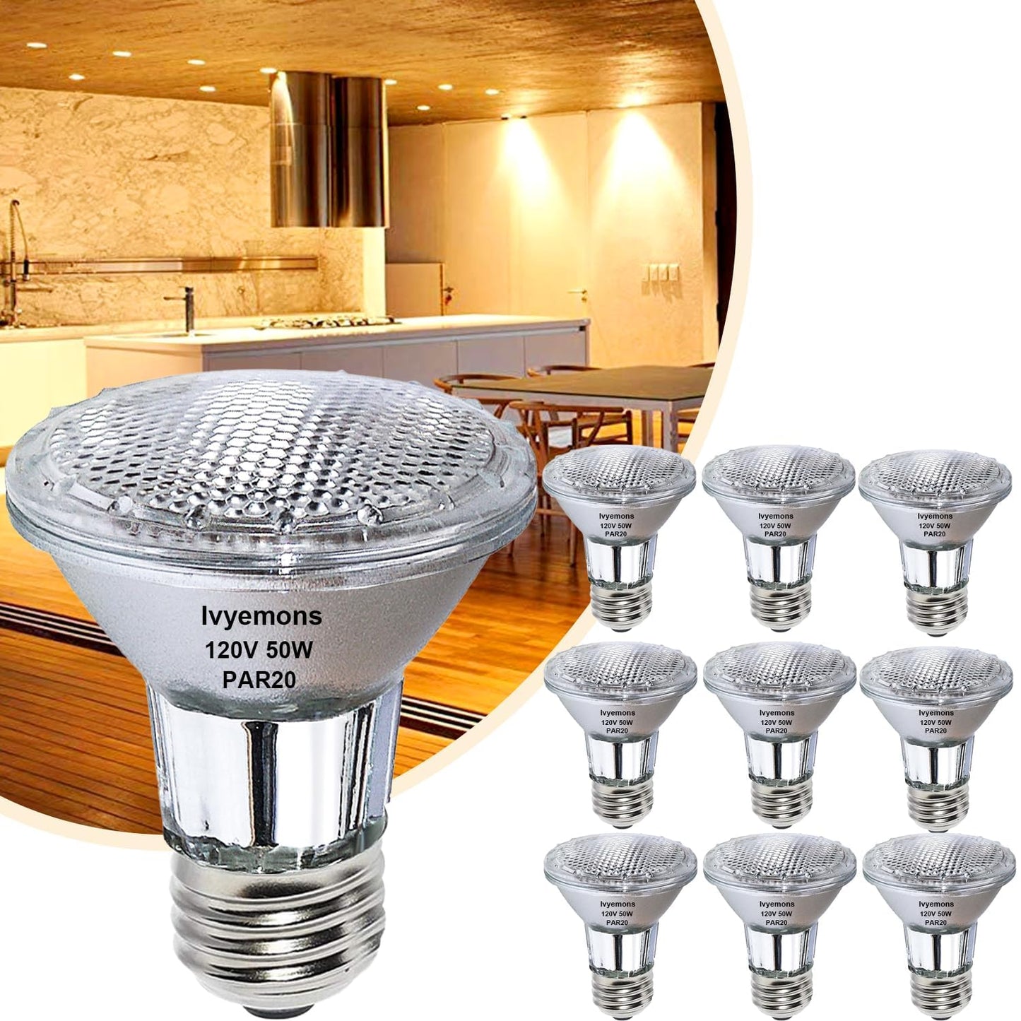 Ivyemons PAR20 50W Halogen Bulb - 9 Pack 120V 50W PAR20 Flood Light Bulbs with E26 Base, PAR20 Dimmable 2800K Warm White, Long Lasting PAR20 Bulb for Track Lighting & Hood Range Light Bulbs