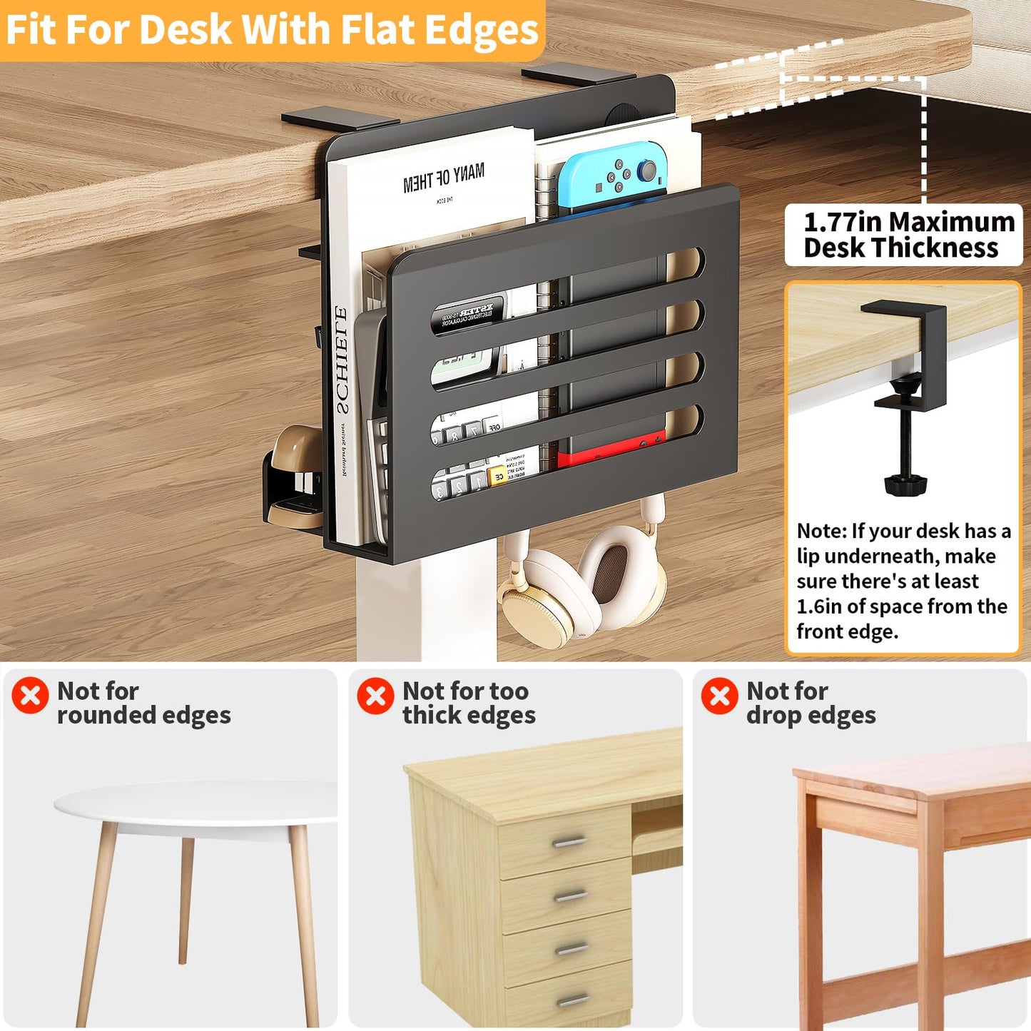 ROLIZOE 3 in 1 Desk Side Storage No Drilling Under Desk Laptop Holder with Headphone Hook & Cable Management Tray, Under Desk Storage Steel Clamp Anti-Slip Magazine File Holder for Desk Accessories