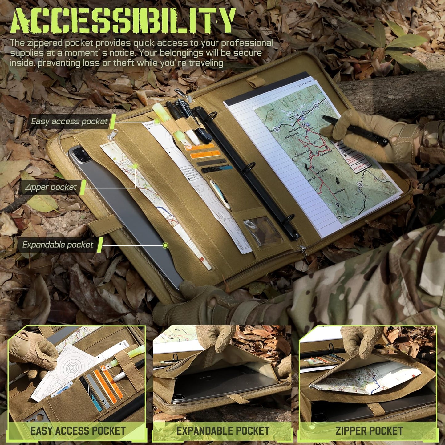LIVANS Tactical Notebook Portfolio Padfolio Ring Binder with Zipper Army Military Notebook Planner Contains 25 Sheets A4 Letter Paper and Detachable 3-Ring Binder Multi-Storage Handle Bag for Out-work