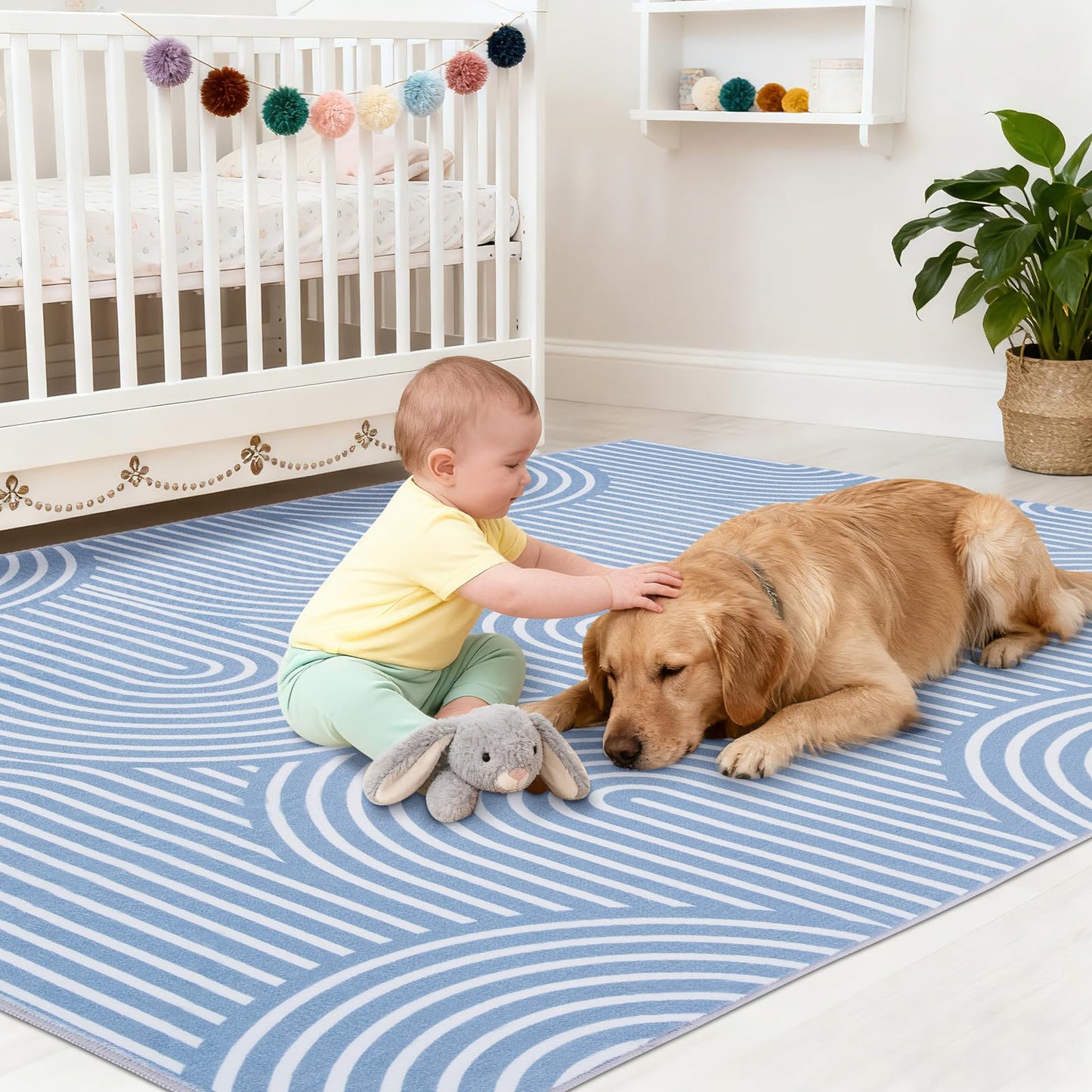 Area Rug 5x7 for Living Room, Washable Geometric Rug for Bedroom, Low Pile, Soft & Non-Slip Abstract Large Carpet for Classroom, ‎Dining Room, Office, Kids Playroom, Blue