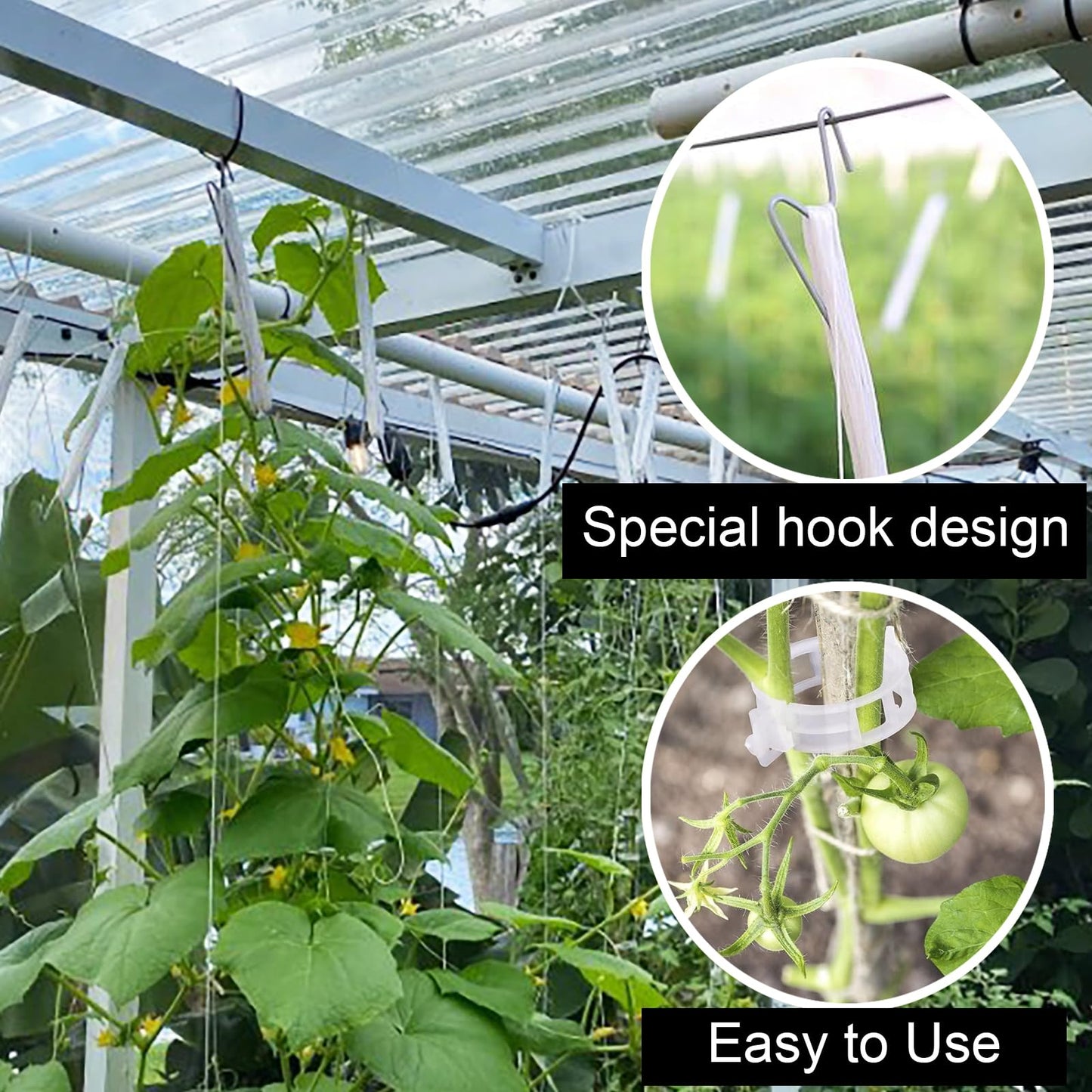 190pcs Tomato Hooks with String with Tomato Plant Support Clips, J-Hook, Tomato Holder Hooks with 33.3ft Tomato Twine for Climbing Plants Tomato Cucumber Cherry Vegetable