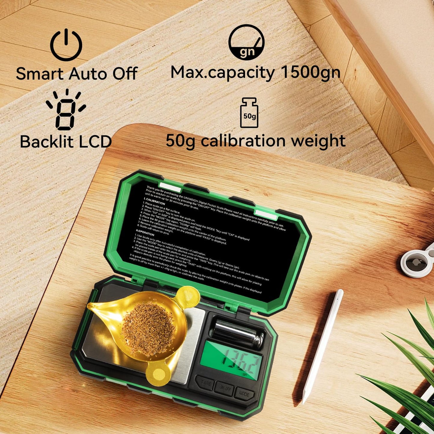 UNIWEIGH Digital Reloading Scale Precision 1500 Grains x 0.1gn,Powder Scale for Reloading, Grain Scales with LCD Display/Tare/Calibration Functions,microgram Scales Pocket,Includes Batteries