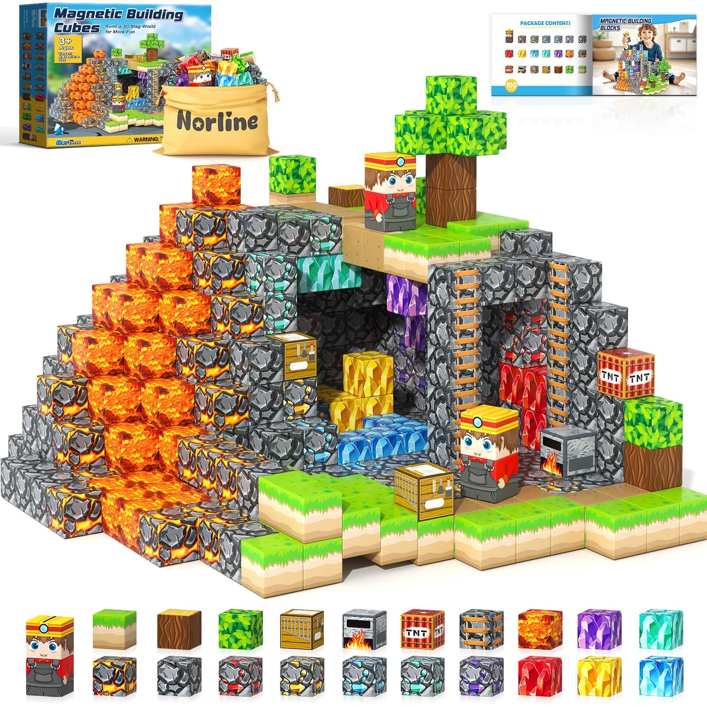 100PCS Magnetic Blocks Building Toys, Gem Cave Adventure Building Craft, Learning Sensory Toys for Boys Girls Age 3-12, Game Gift for Kids Little Gamers
