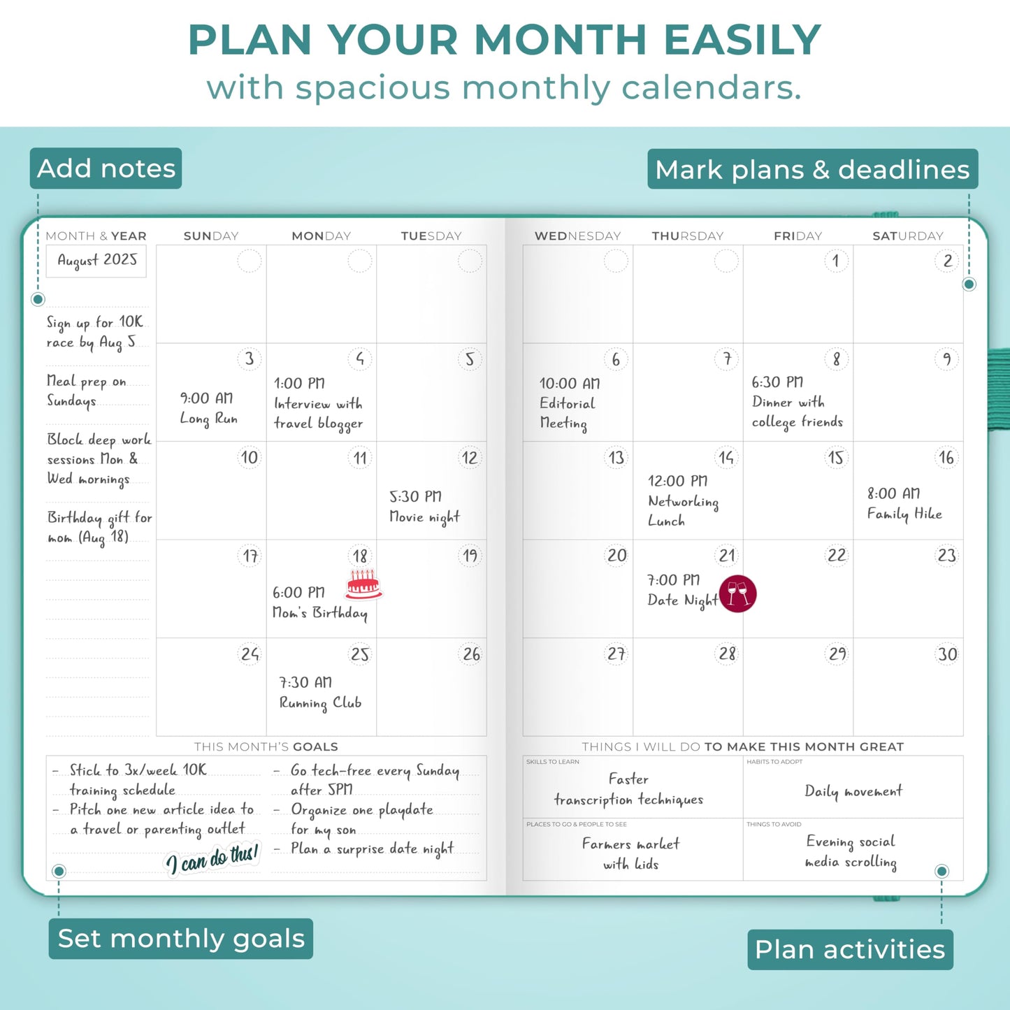 Clever Fox Planner Schedule – Weekly & Monthly Life Planner with Time Slots, Appointment book, and Daily Organizer to Increase Productivity, Undated, A5 (5.8″x8.3″) Hardcover, Lasts 1 Year, Turquoise
