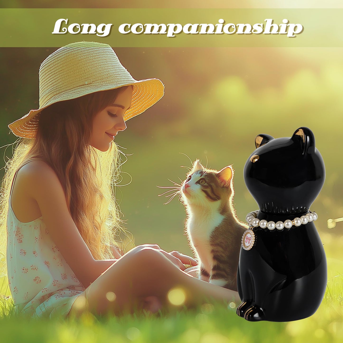 DiDiBirDi Cat Urns for Ashes, Elegant Ceramics Pets Cremation Keepsake, Black Pet Urns for Cats Memorial Box with Personalized Necklace (20lbs)