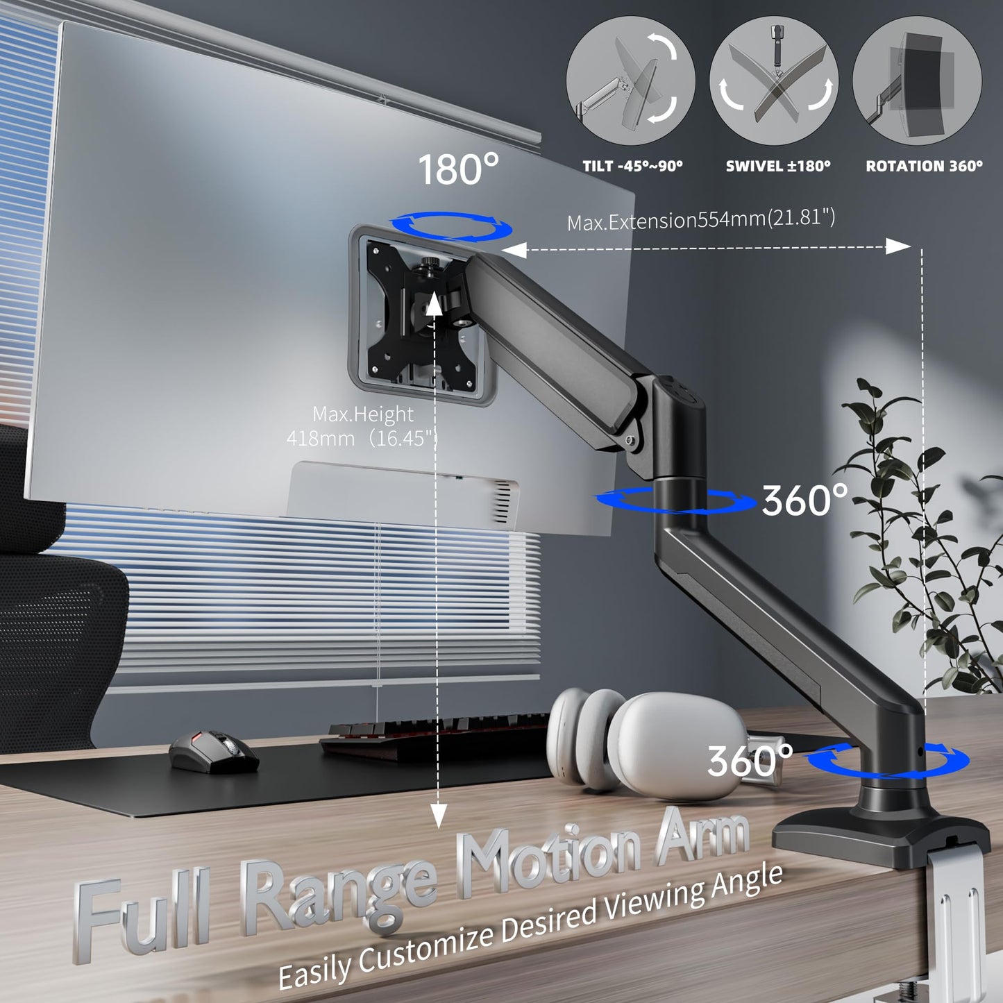 C-MOUNTS Single Monitor Arm Desk Mount，Gas Spring Monitors Arm for 17-32 inch Screens,Adjustable Computer Monitors Stand up to 4.4 to 19.8 lbs,Vesa Mount with Clamp and Grommet Base, VESA 75 & 100mm